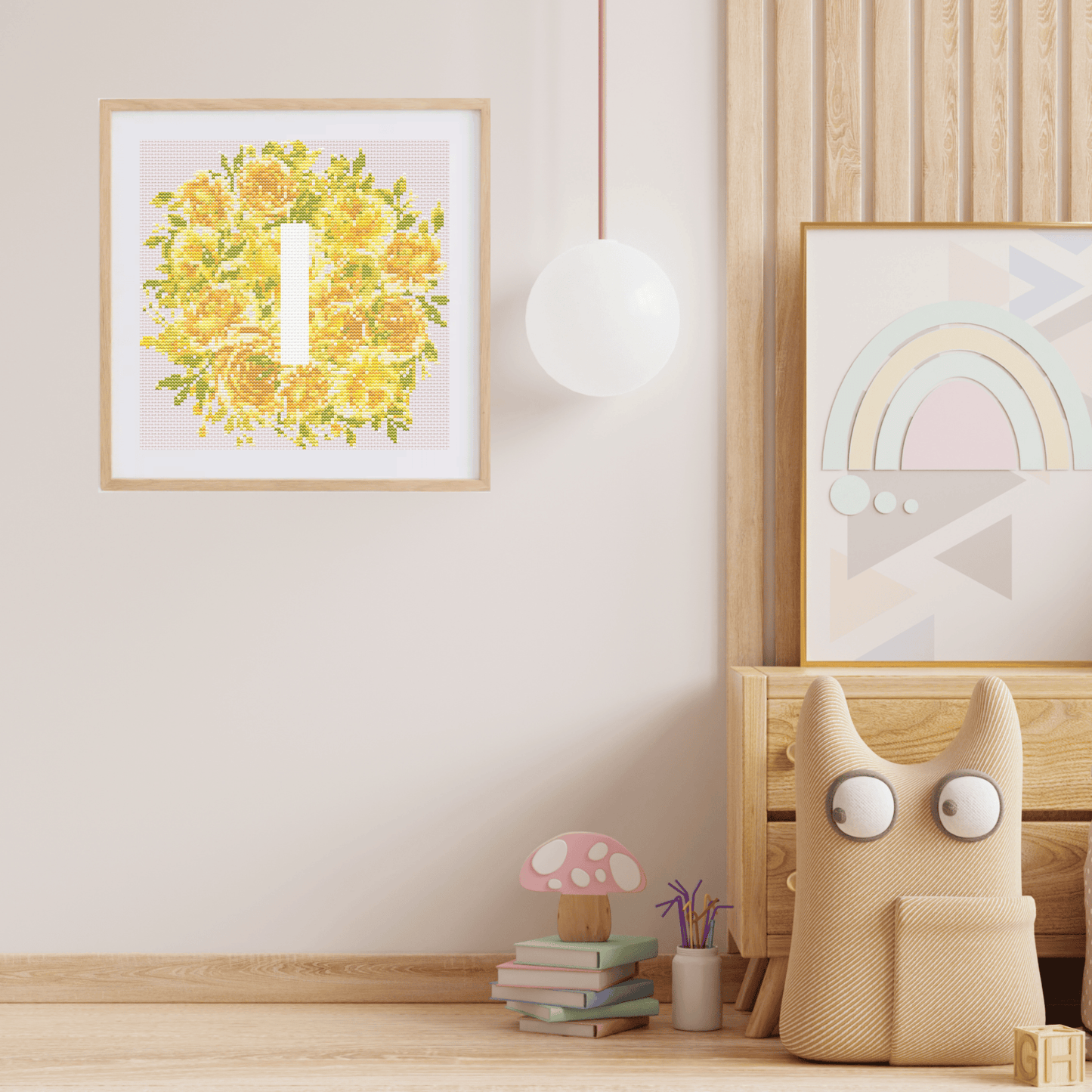 Initial Cross Stitch Pattern With Yellow Flowers in PDF | Floral & Modern Monogram Cross Stitch Chart To Download | Letters Cross Stitch PDF