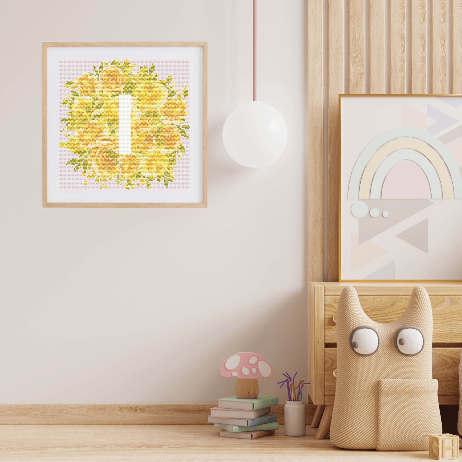 Initial Cross Stitch Pattern With Yellow Flowers in PDF | Floral & Modern Monogram Cross Stitch Chart To Download | Letters Cross Stitch PDF