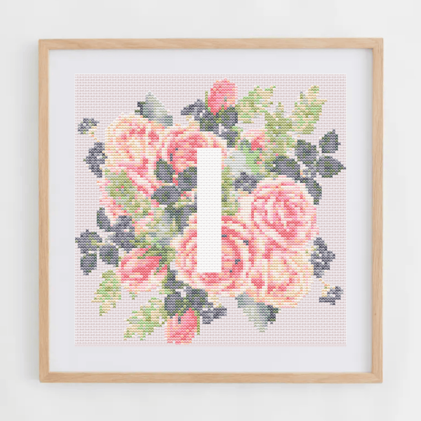 Monogram Cross-Stitch Pattern With Pink Roses | Initial Cross Stitch Chart PDF