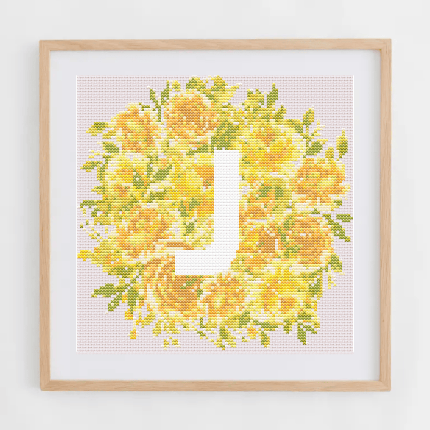 Initial Cross Stitch Pattern With Yellow Flowers in PDF | Floral & Modern Monogram Cross Stitch Chart To Download | Letters Cross Stitch PDF