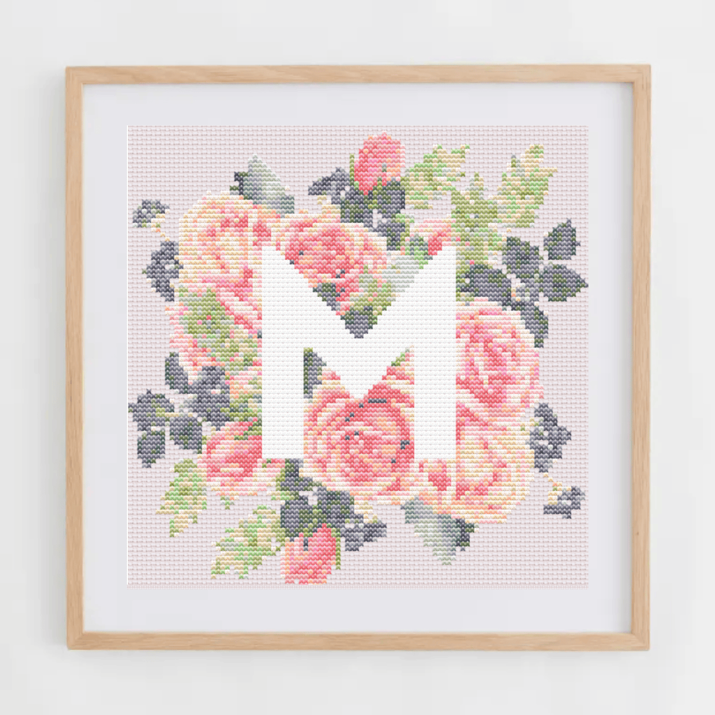 Monogram Cross-Stitch Pattern With Pink Roses | Initial Cross Stitch Chart PDF