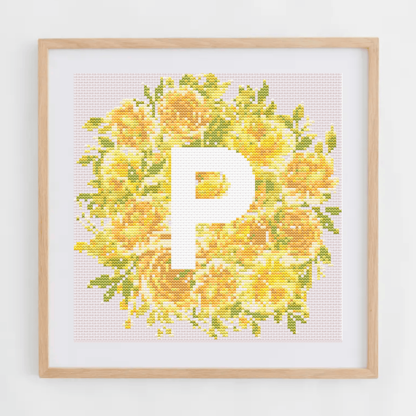 Initial Cross Stitch Pattern With Yellow Flowers in PDF | Floral & Modern Monogram Cross Stitch Chart To Download | Letters Cross Stitch PDF