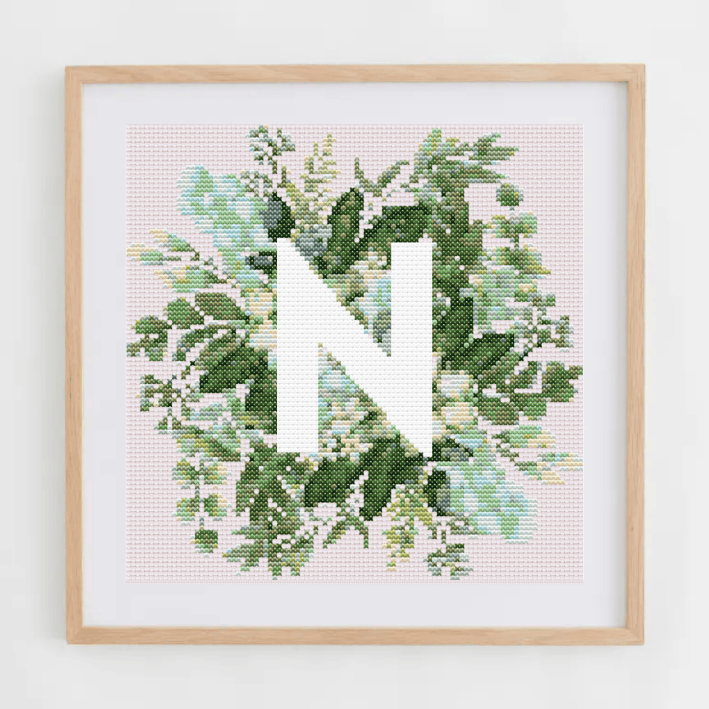 Monogram Cross-Stitch Pattern With Green Bouquet | Initial Cross Stitch Chart With Flowers and Leaves | Cross Stitch PDF