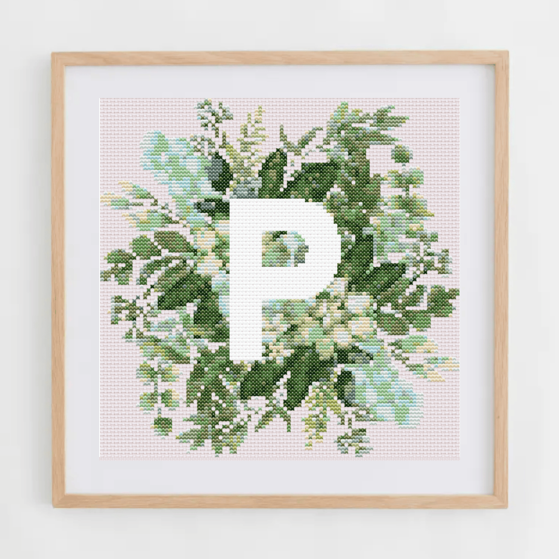 Monogram Cross-Stitch Pattern With Green Bouquet | Initial Cross Stitch Chart With Flowers and Leaves | Cross Stitch PDF