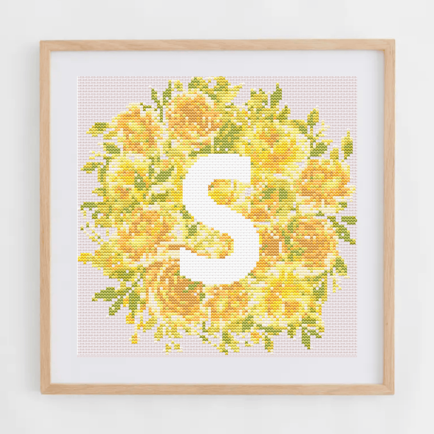 Initial Cross Stitch Pattern With Yellow Flowers in PDF | Floral & Modern Monogram Cross Stitch Chart To Download | Letters Cross Stitch PDF
