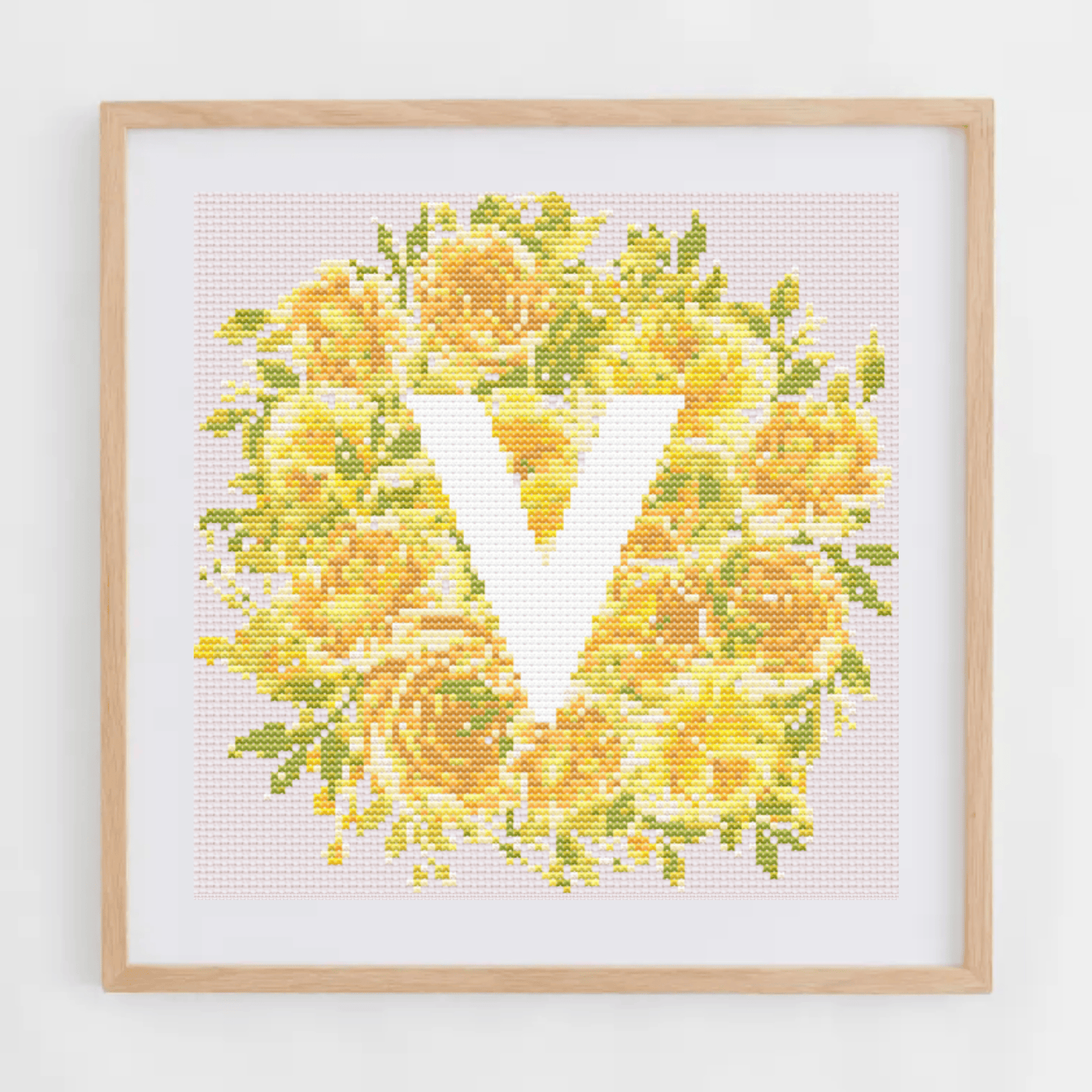Initial Cross Stitch Pattern With Yellow Flowers in PDF | Floral & Modern Monogram Cross Stitch Chart To Download | Letters Cross Stitch PDF