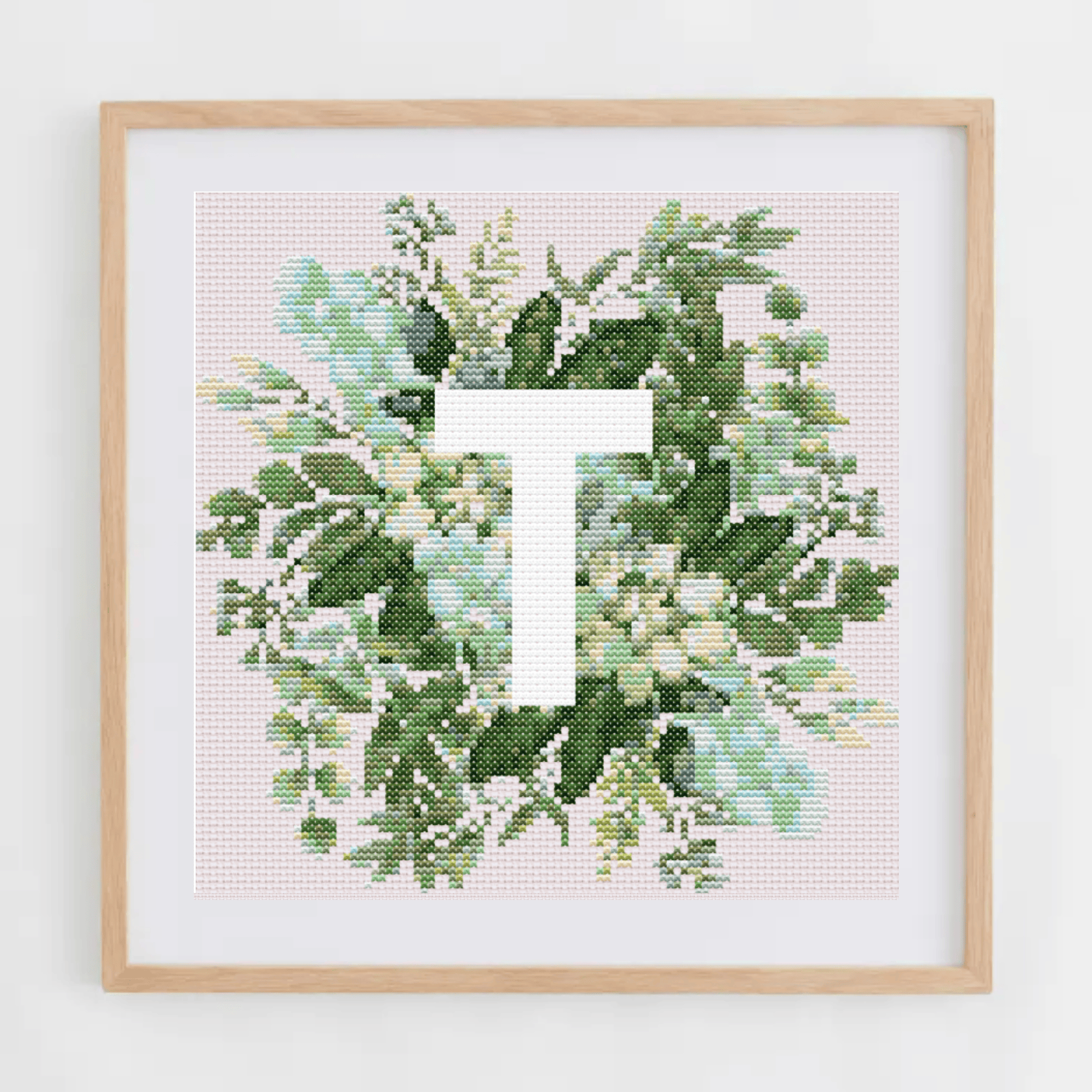 Monogram Cross-Stitch Pattern With Green Bouquet | Initial Cross Stitch Chart With Flowers and Leaves | Cross Stitch PDF