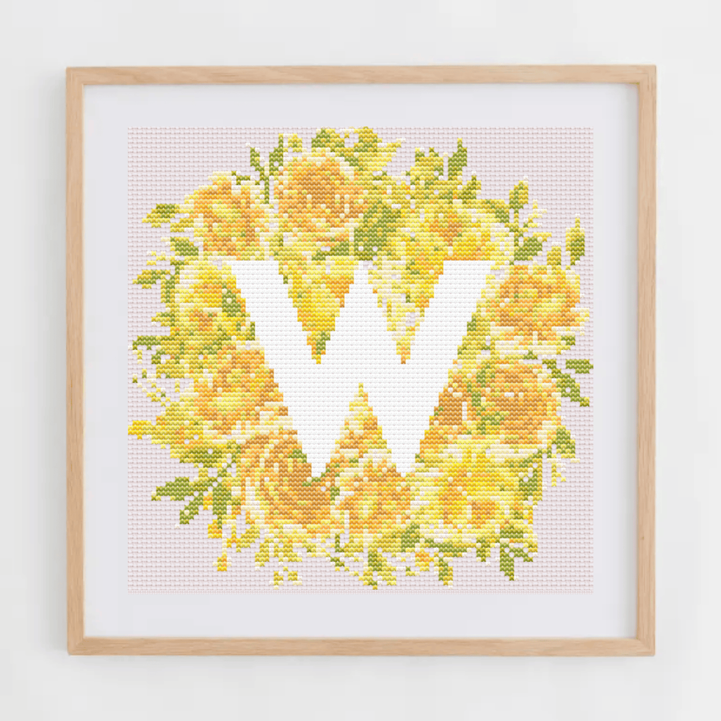 Initial Cross Stitch Pattern With Yellow Flowers in PDF | Floral & Modern Monogram Cross Stitch Chart To Download | Letters Cross Stitch PDF