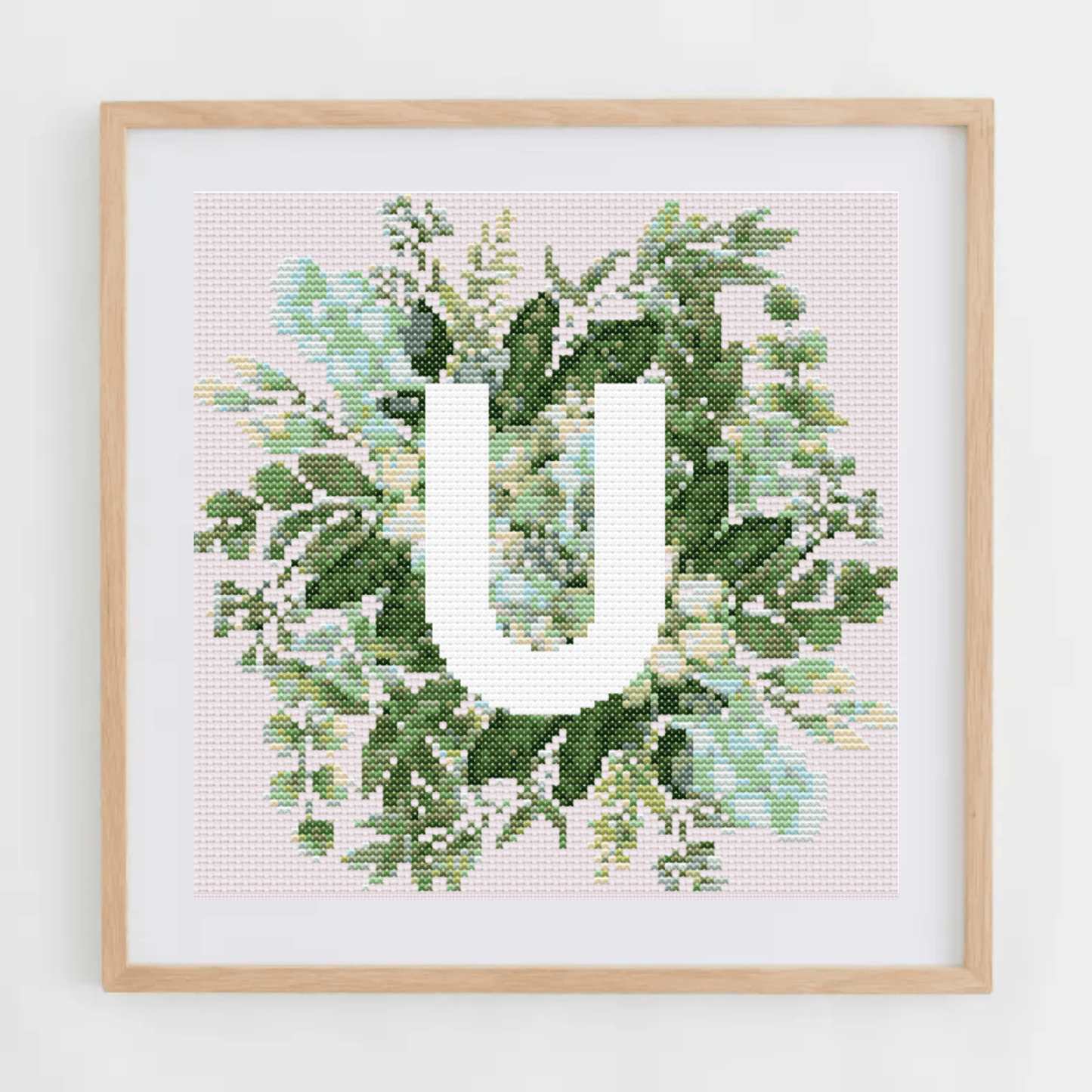 Monogram Cross-Stitch Pattern With Green Bouquet | Initial Cross Stitch Chart With Flowers and Leaves | Cross Stitch PDF