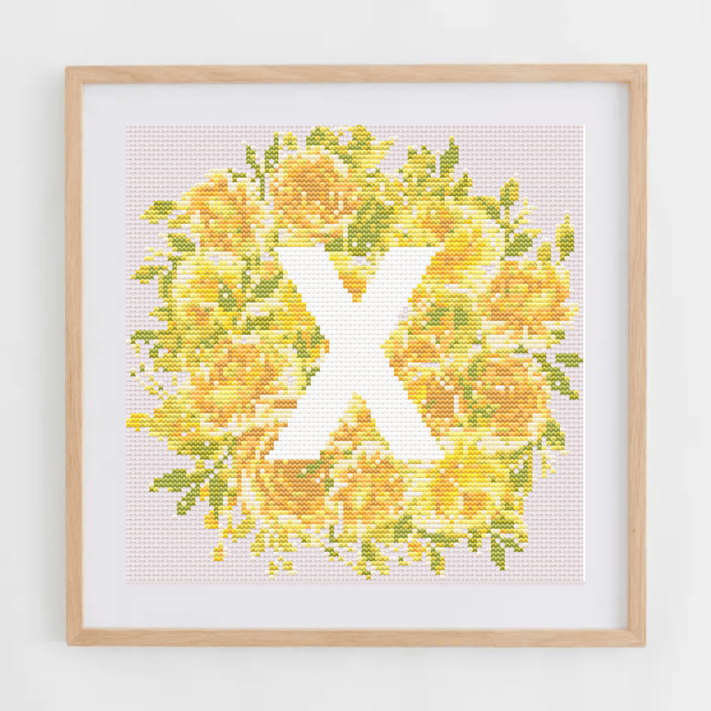 Initial Cross Stitch Pattern With Yellow Flowers in PDF | Floral & Modern Monogram Cross Stitch Chart To Download | Letters Cross Stitch PDF