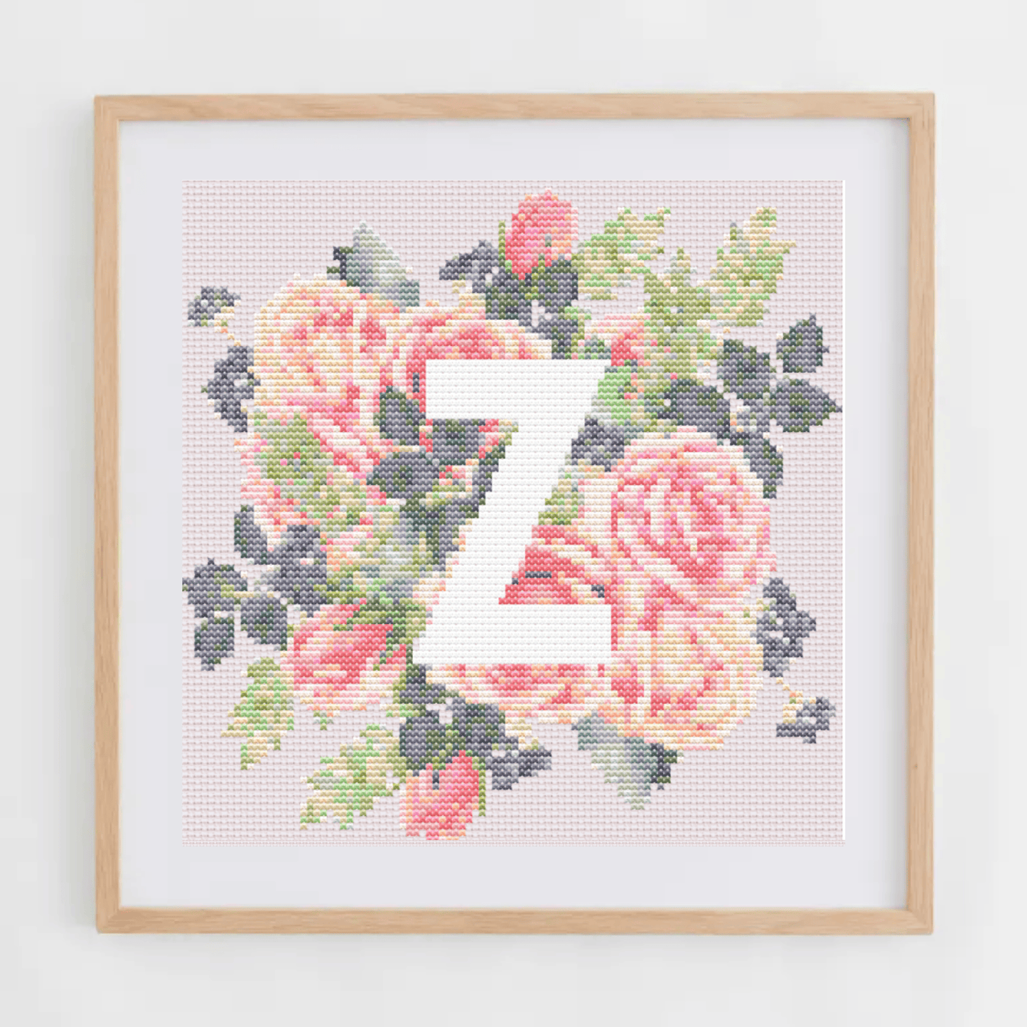 Monogram Cross-Stitch Pattern With Pink Roses | Initial Cross Stitch Chart PDF