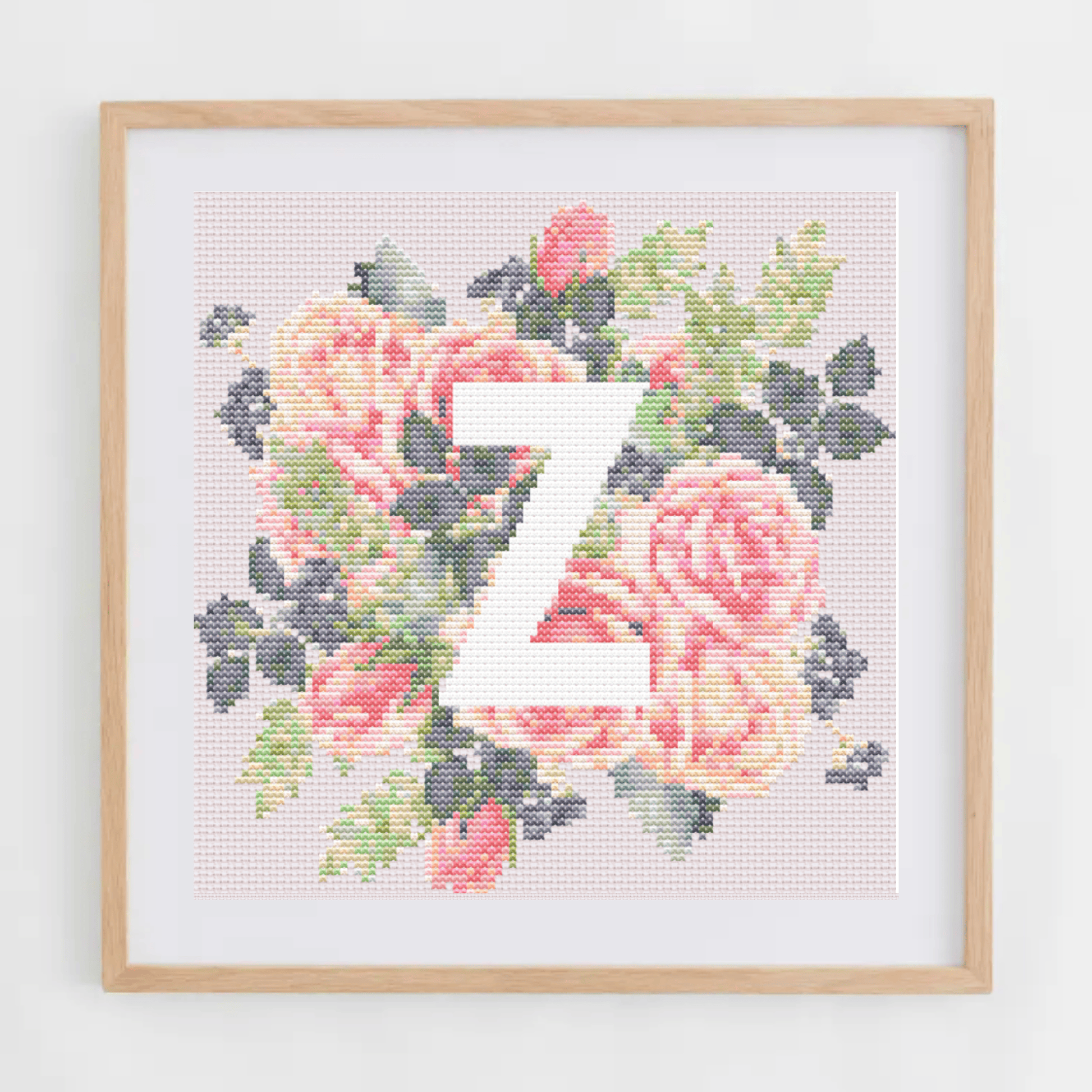 Monogram Cross-Stitch Pattern With Pink Roses | Initial Cross Stitch Chart PDF