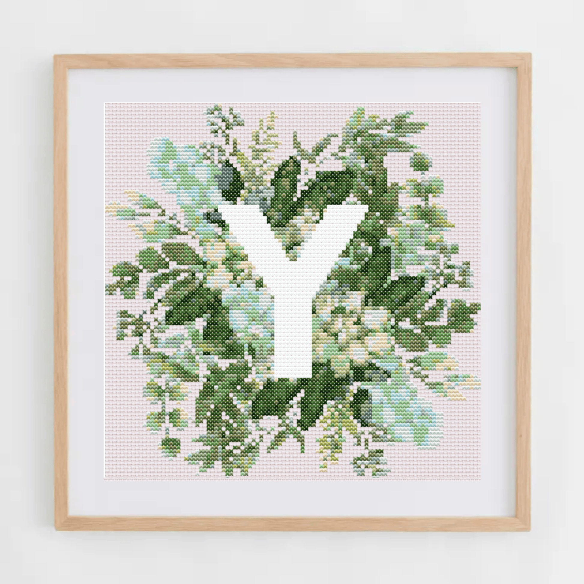 Monogram Cross-Stitch Pattern With Green Bouquet | Initial Cross Stitch Chart With Flowers and Leaves | Cross Stitch PDF