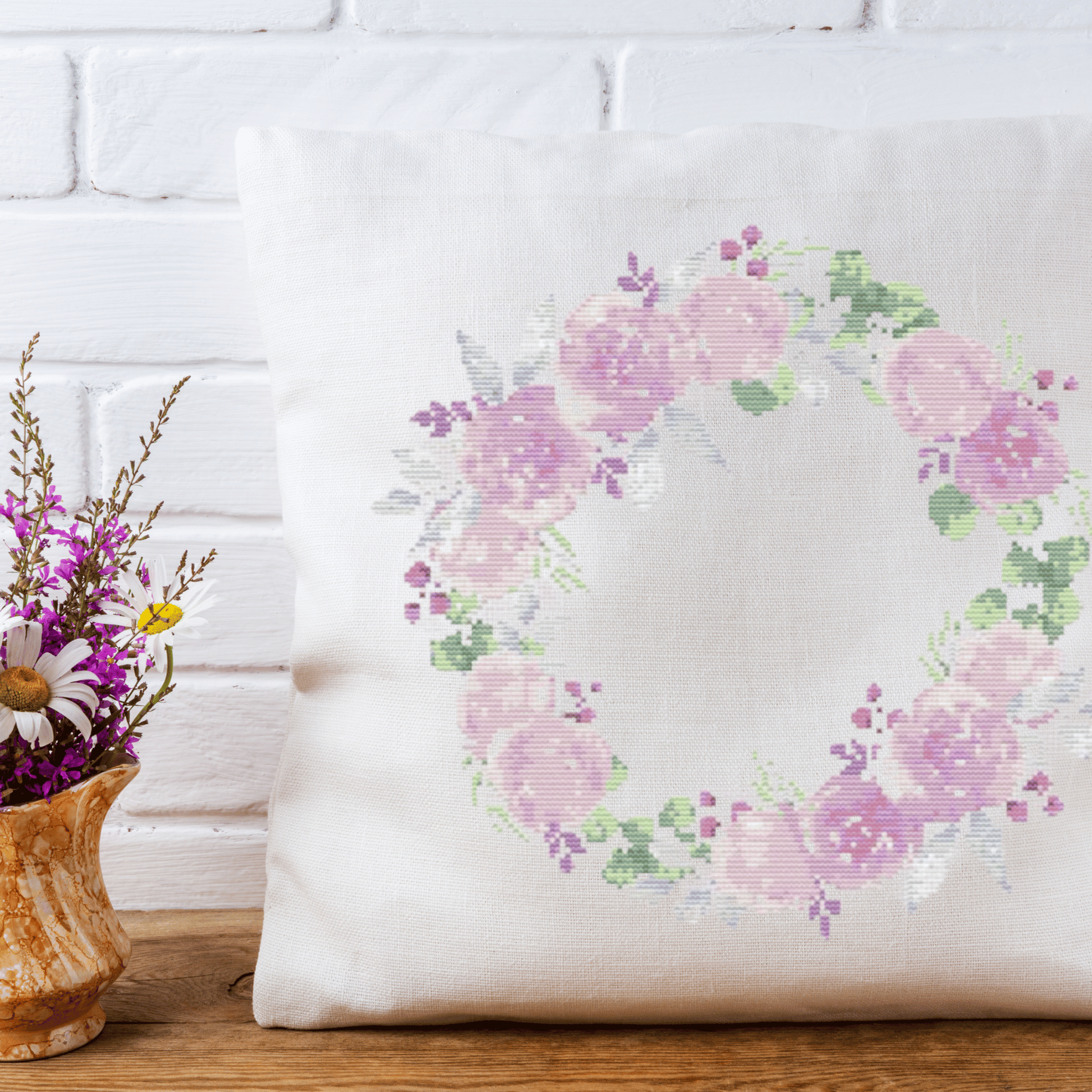 Peonies Wreath Cross Stitch Pattern | Flower Wreath Cross Stitch Chart PDF
