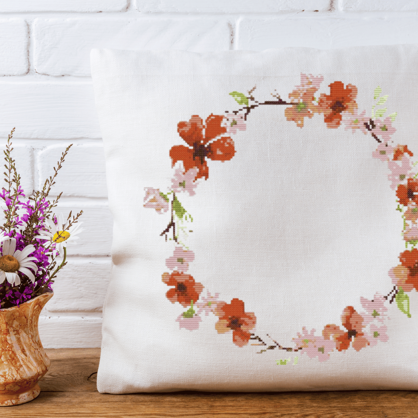Poppies Wreath Cross Stitch Pattern | Flower Wreath Cross Stitch Chart PDF