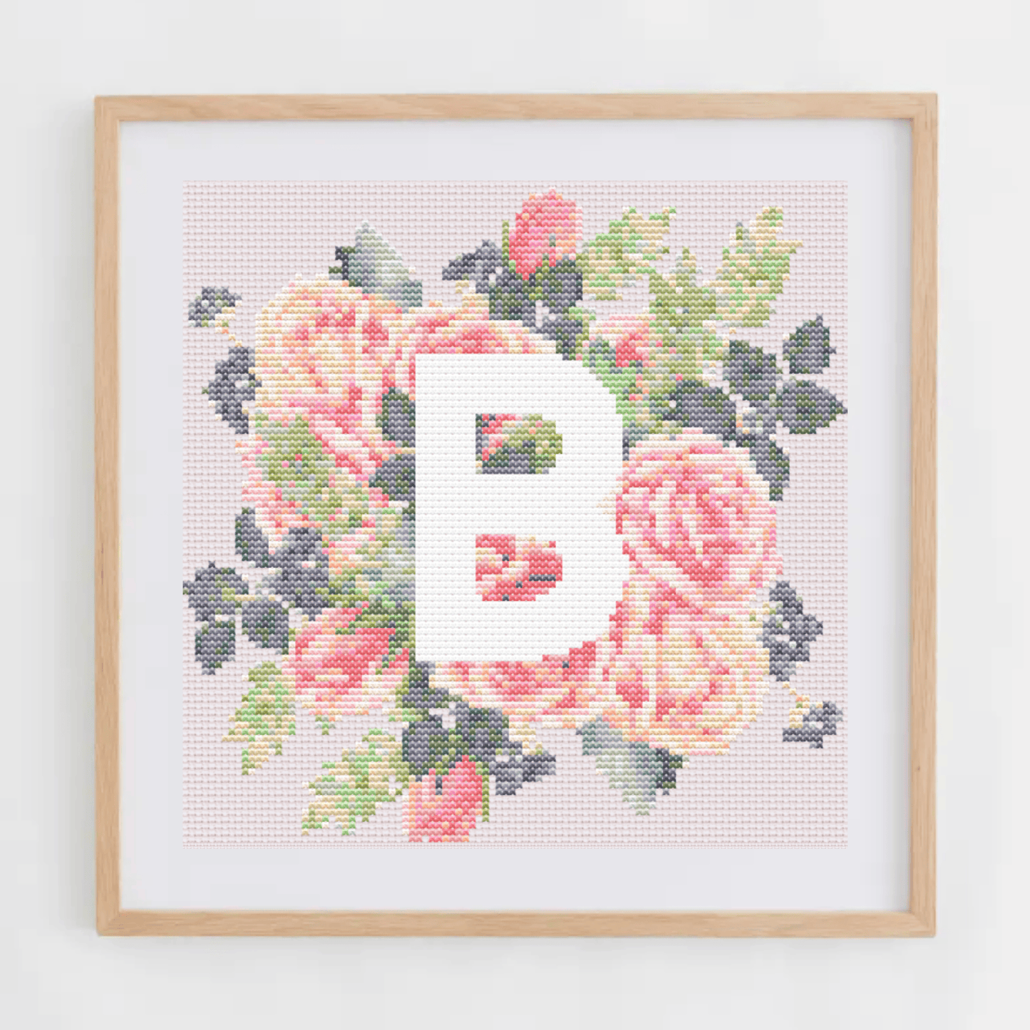 Monogram Cross-Stitch Pattern With Pink Roses | Initial Cross Stitch Chart PDF