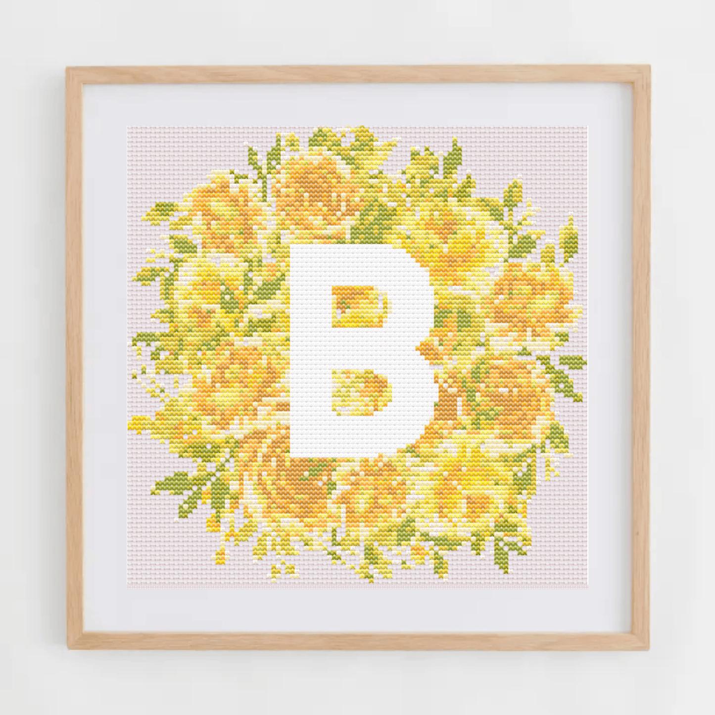 Initial Cross Stitch Pattern With Yellow Flowers in PDF | Floral & Modern Monogram Cross Stitch Chart To Download | Letters Cross Stitch PDF