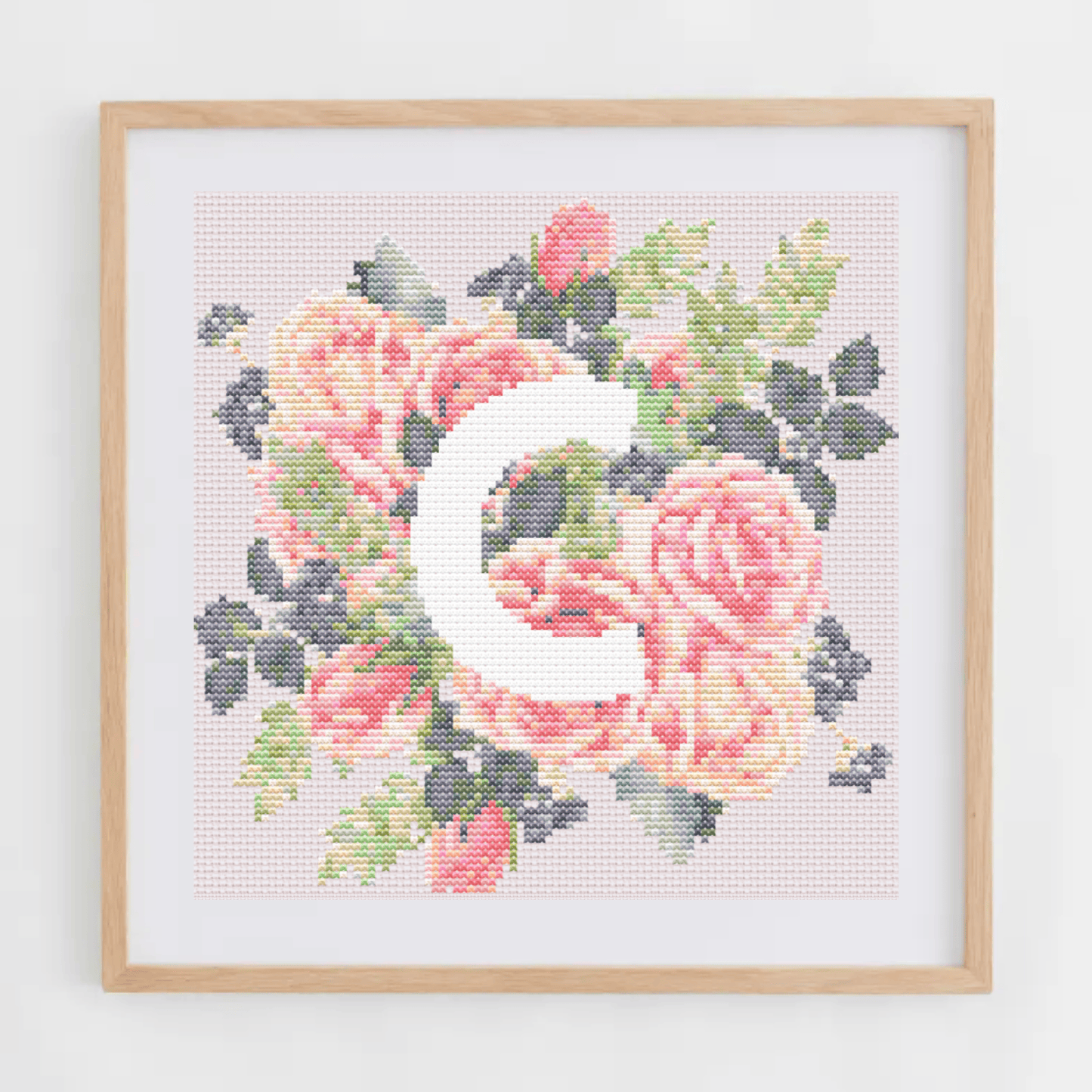 Monogram Cross-Stitch Pattern With Pink Roses | Initial Cross Stitch Chart PDF