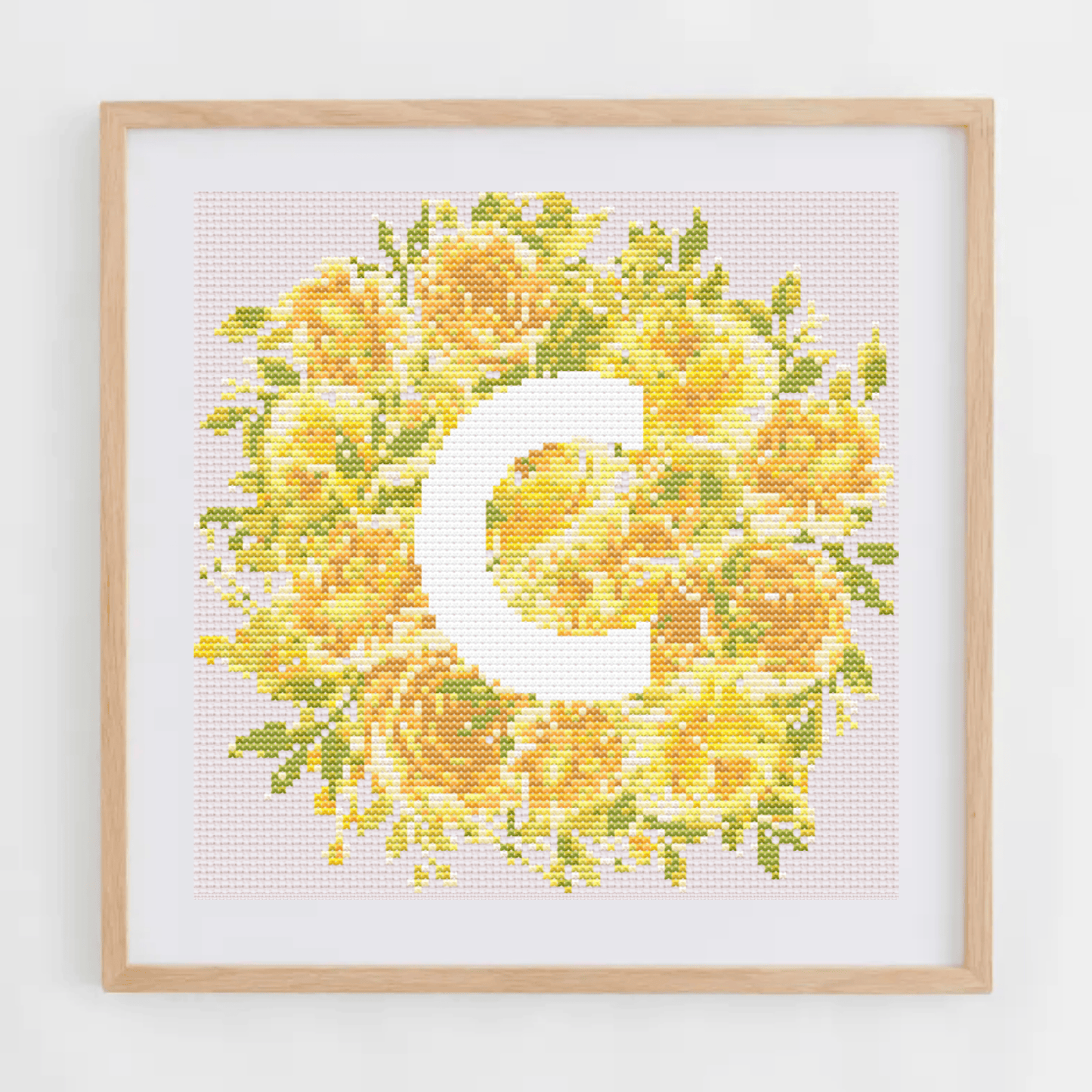 Initial Cross Stitch Pattern With Yellow Flowers in PDF | Floral & Modern Monogram Cross Stitch Chart To Download | Letters Cross Stitch PDF