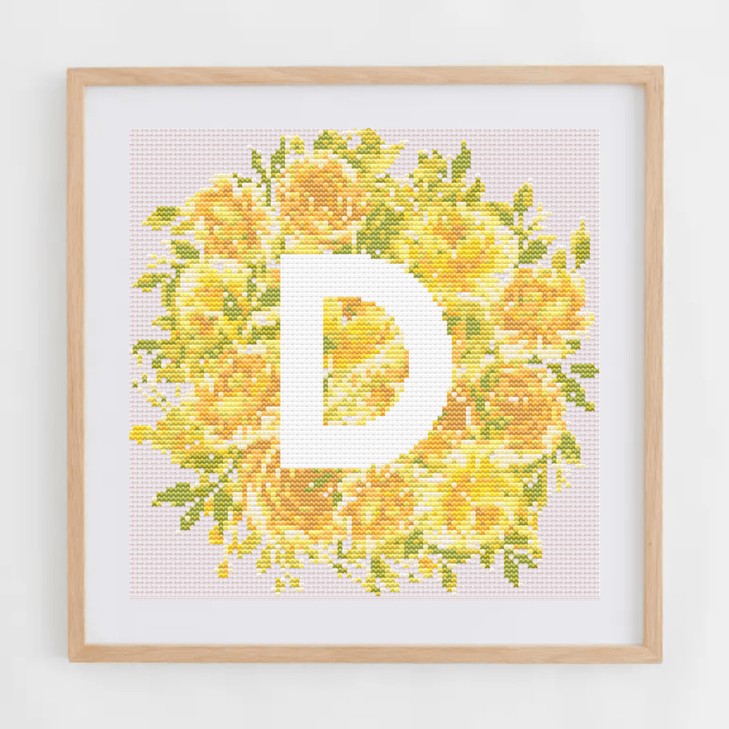 Initial Cross Stitch Pattern With Yellow Flowers in PDF | Floral & Modern Monogram Cross Stitch Chart To Download | Letters Cross Stitch PDF