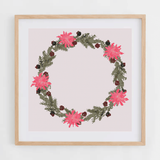 Christmas Wreath With Poinsettias Cross Stitch Pattern | Christmas Wreath Cross Stitch Chart | Christmas Cross Stitch Pattern