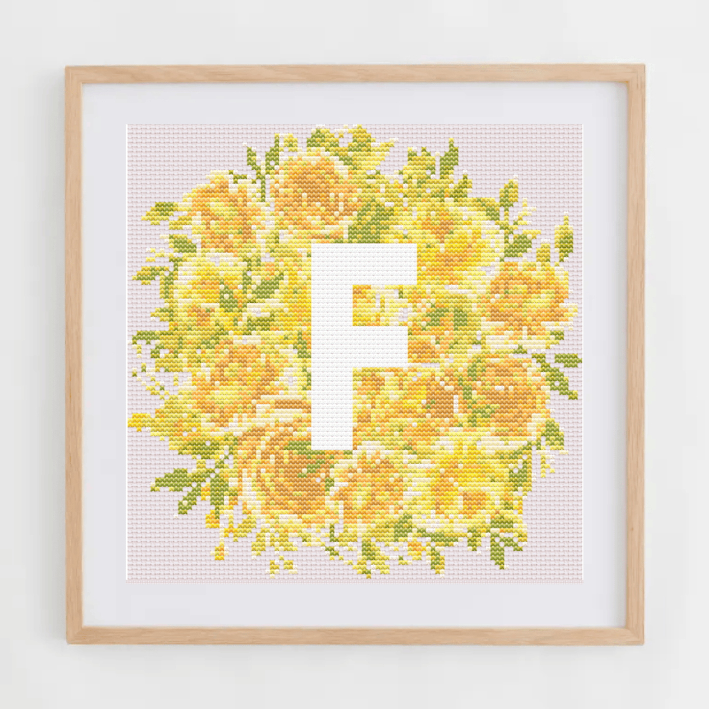 Initial Cross Stitch Pattern With Yellow Flowers in PDF | Floral & Modern Monogram Cross Stitch Chart To Download | Letters Cross Stitch PDF