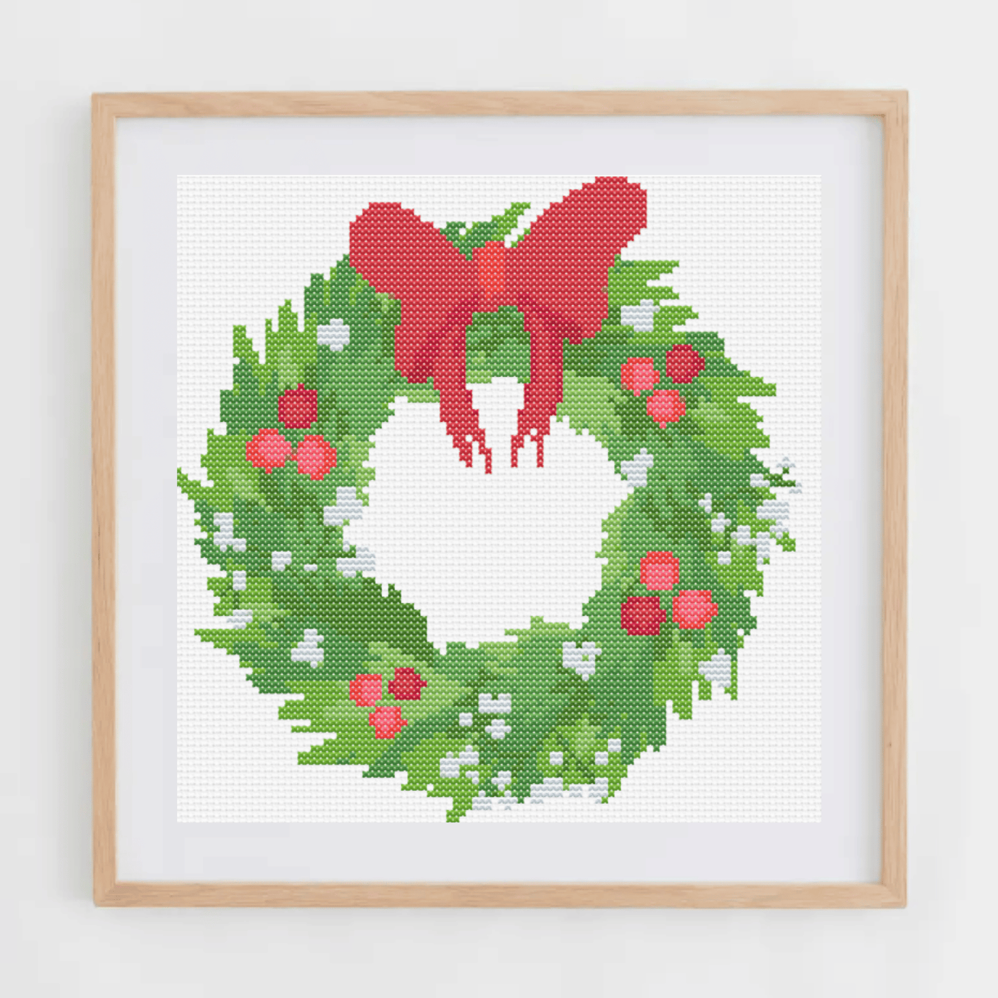 Christmas wreath cross stitch pattern with red bow | Christmas wreath cross stitch chart | Christmas Cross Stitch