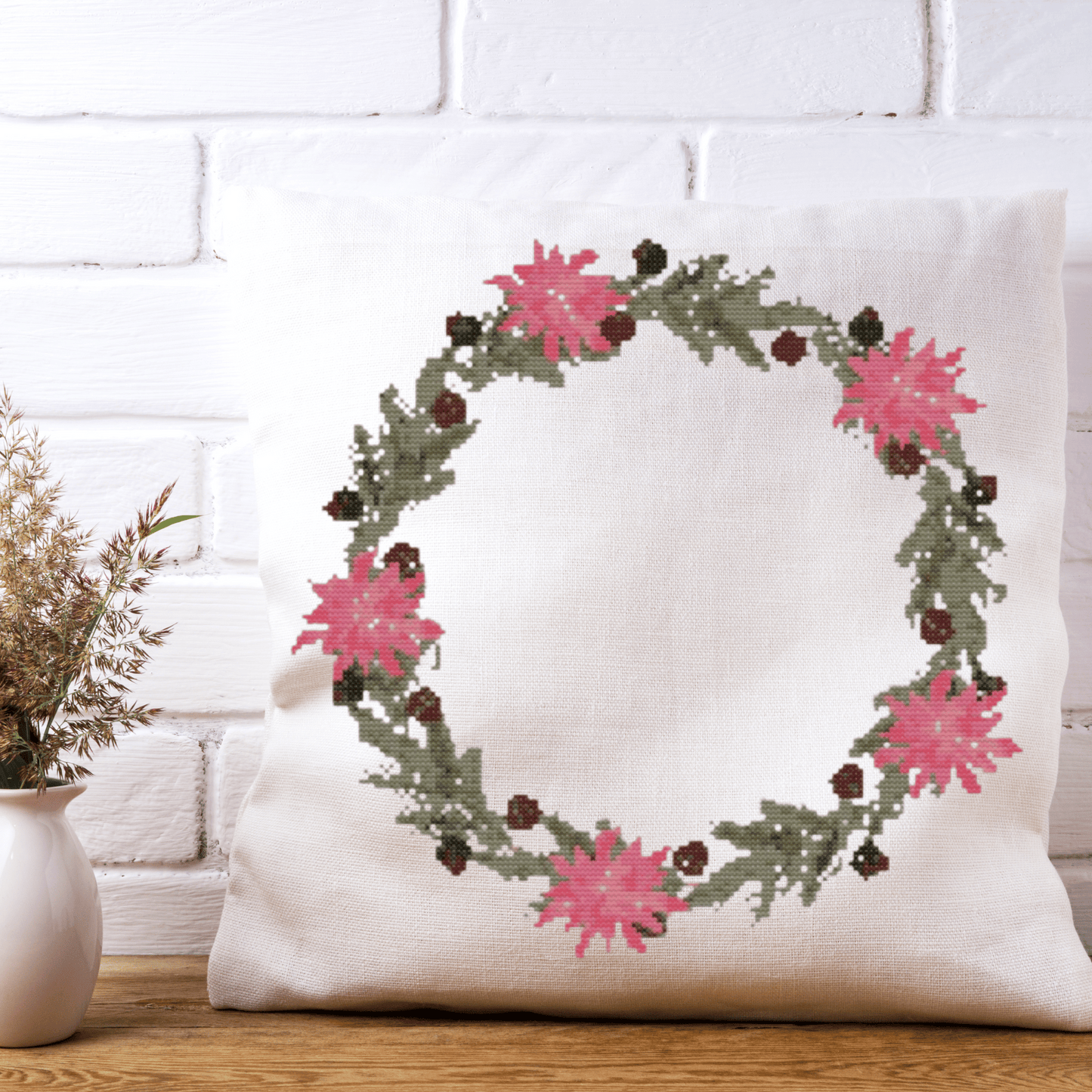 Christmas Wreath With Poinsettias Cross Stitch Pattern | Christmas Wreath Cross Stitch Chart | Christmas Cross Stitch Pattern