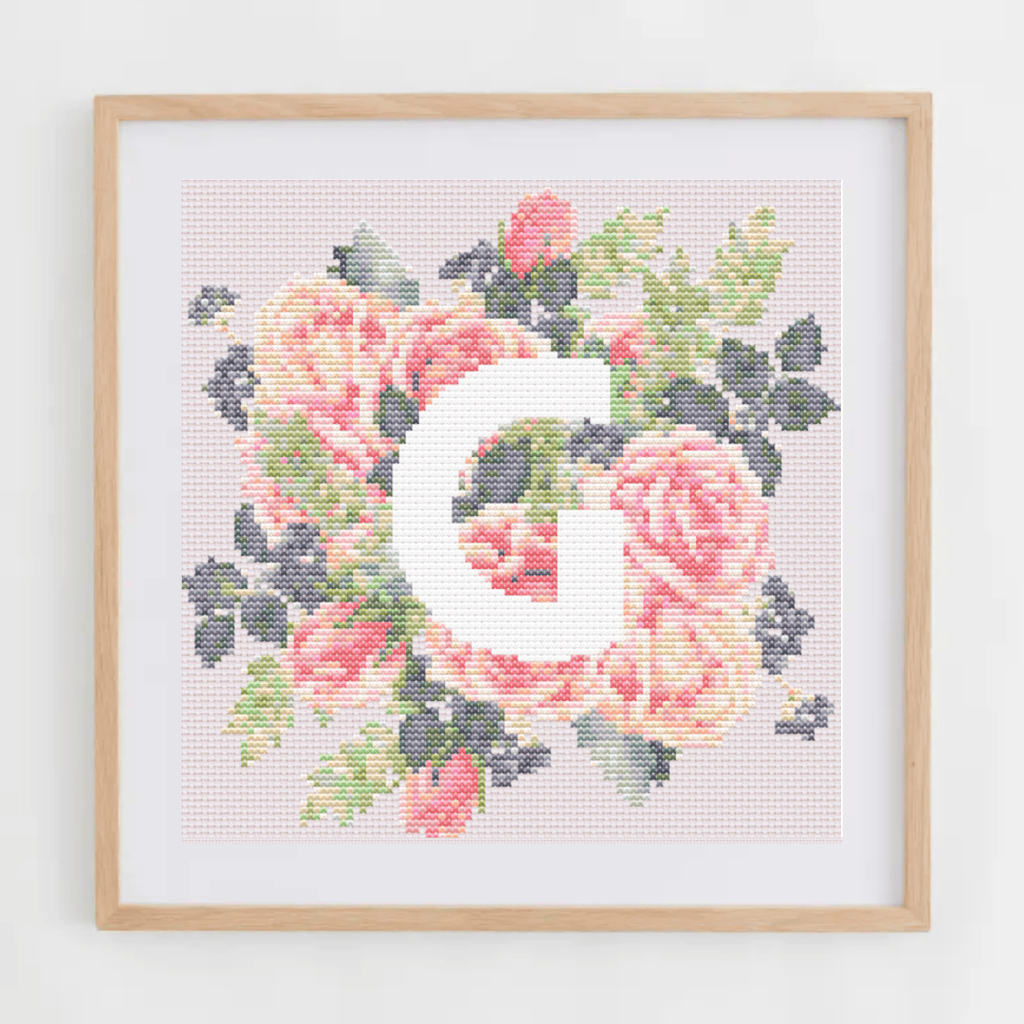 Monogram Cross-Stitch Pattern With Pink Roses | Initial Cross Stitch Chart PDF