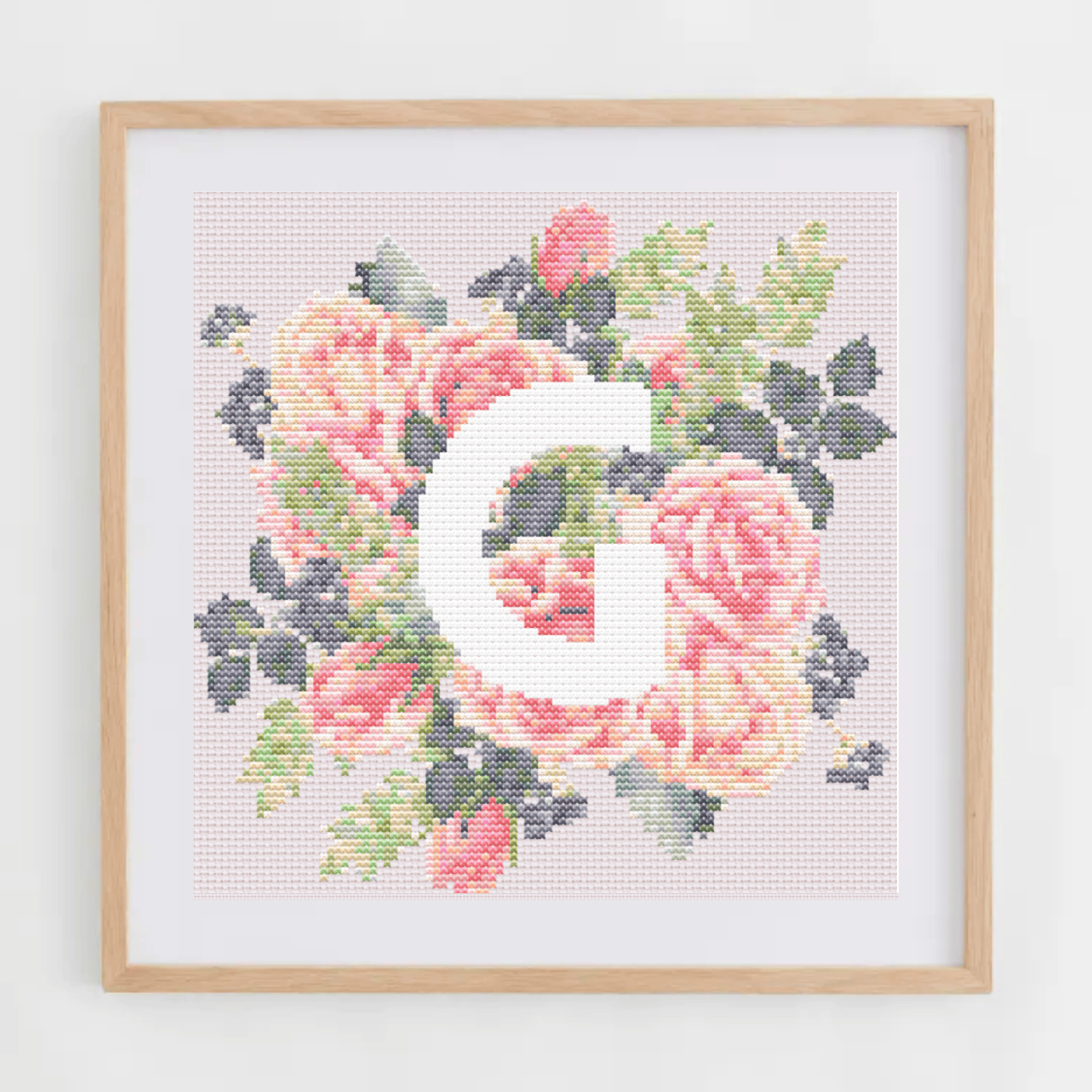 Monogram Cross-Stitch Pattern With Pink Roses | Initial Cross Stitch Chart PDF