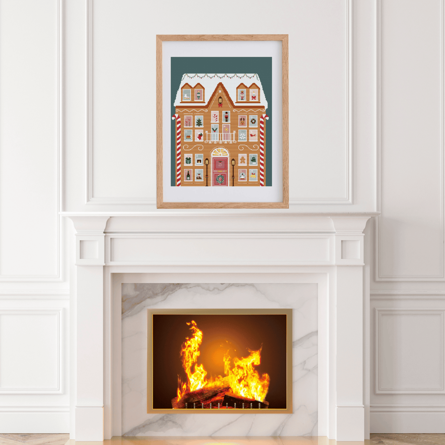 Adevent calendar cross stitch pattern with a gingerbread house and different Christmas details in each window | Christmas cross stitch charts