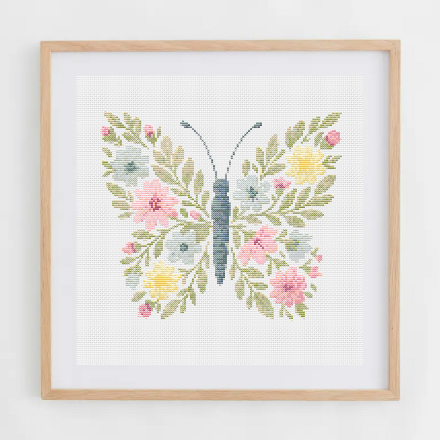 Flower Butterfly Cross Stitch Pattern | Cross Stitch Chart With Butterfly Made Of Pastel Flowers | Baby Cross Stitch Pattern in PDF & SVG