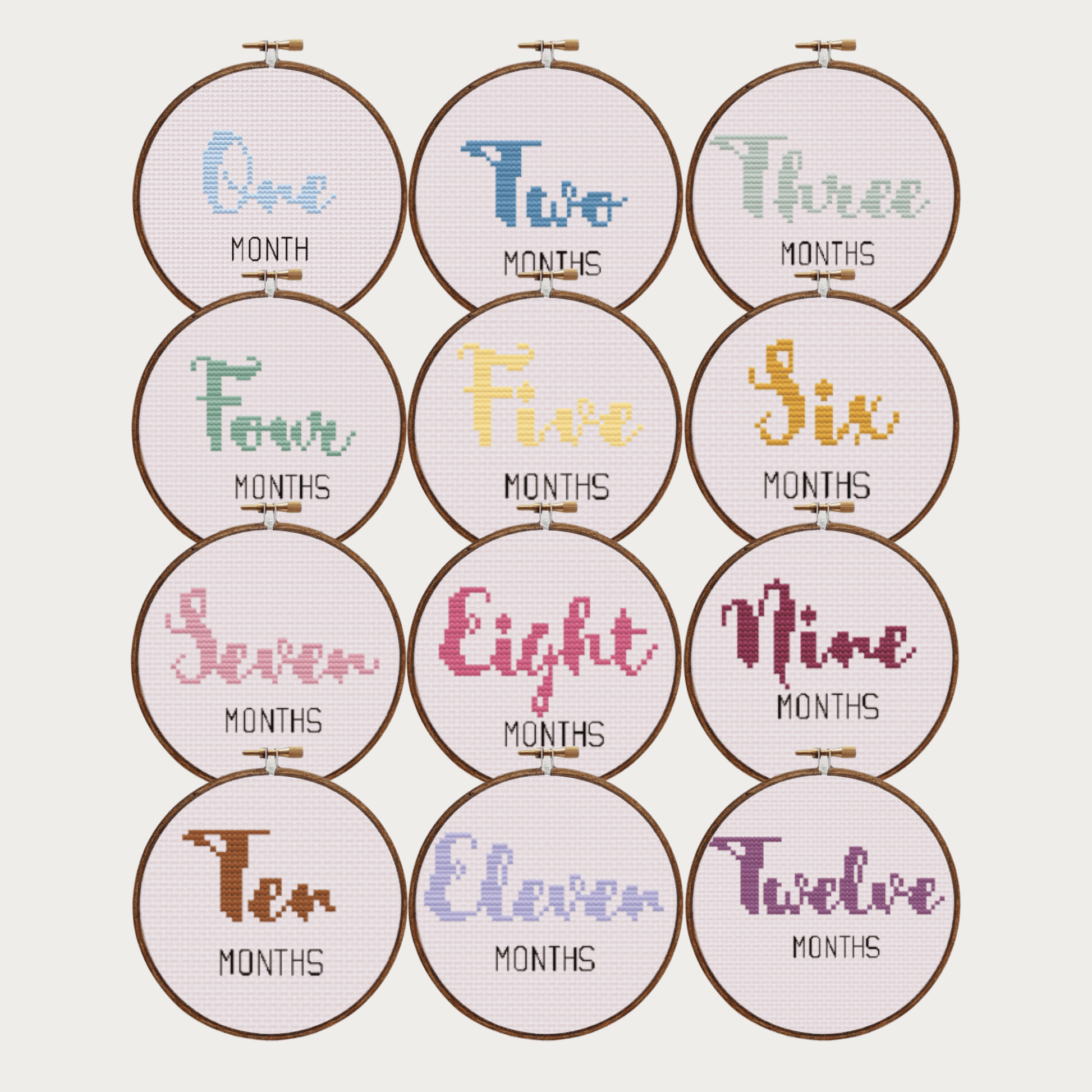 Baby month signs cross-stitch pattern, with twelve months. Ideal handmade gift for a newborn or baby shower!