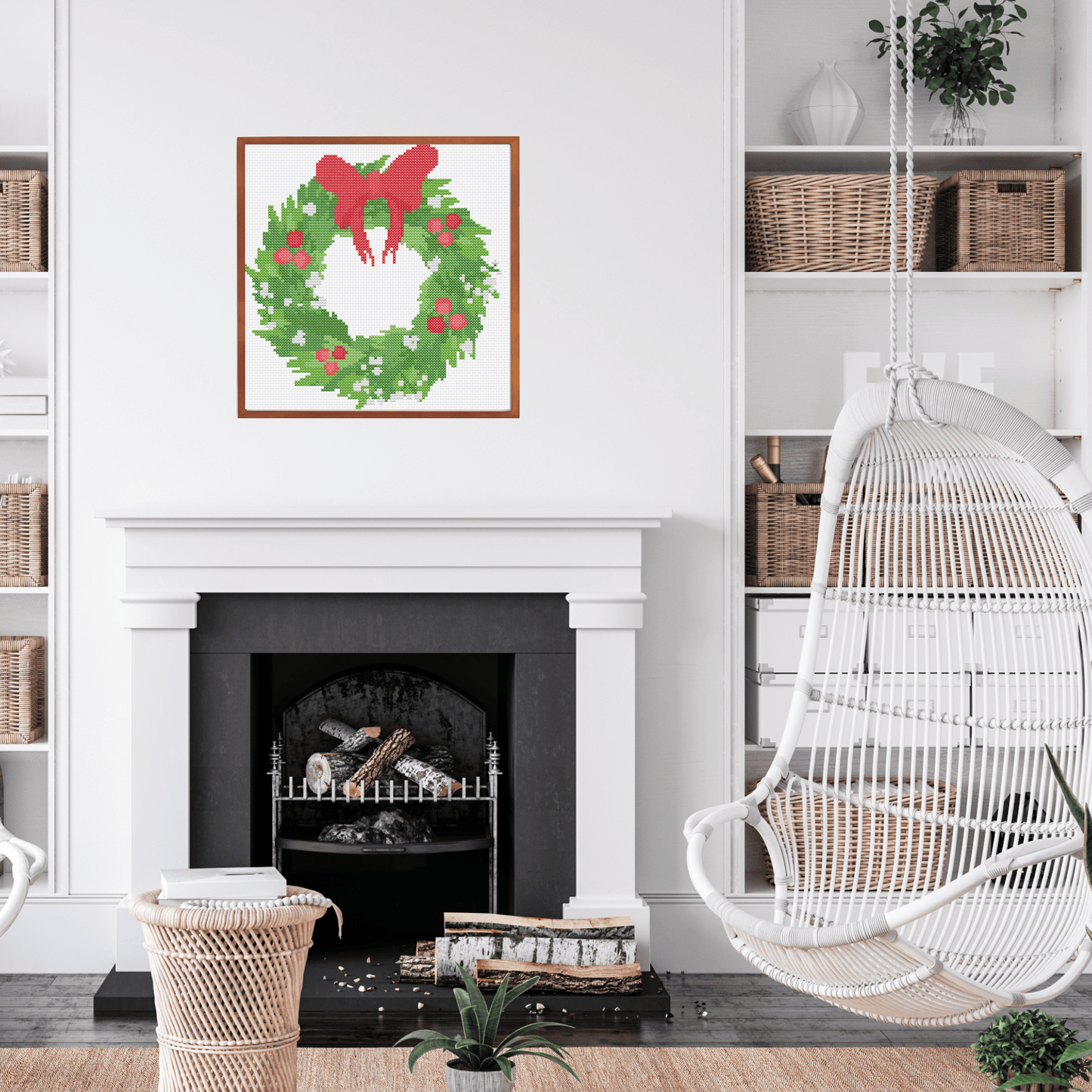 Christmas wreath cross stitch pattern with red bow | Christmas wreath cross stitch chart | Christmas Cross Stitch