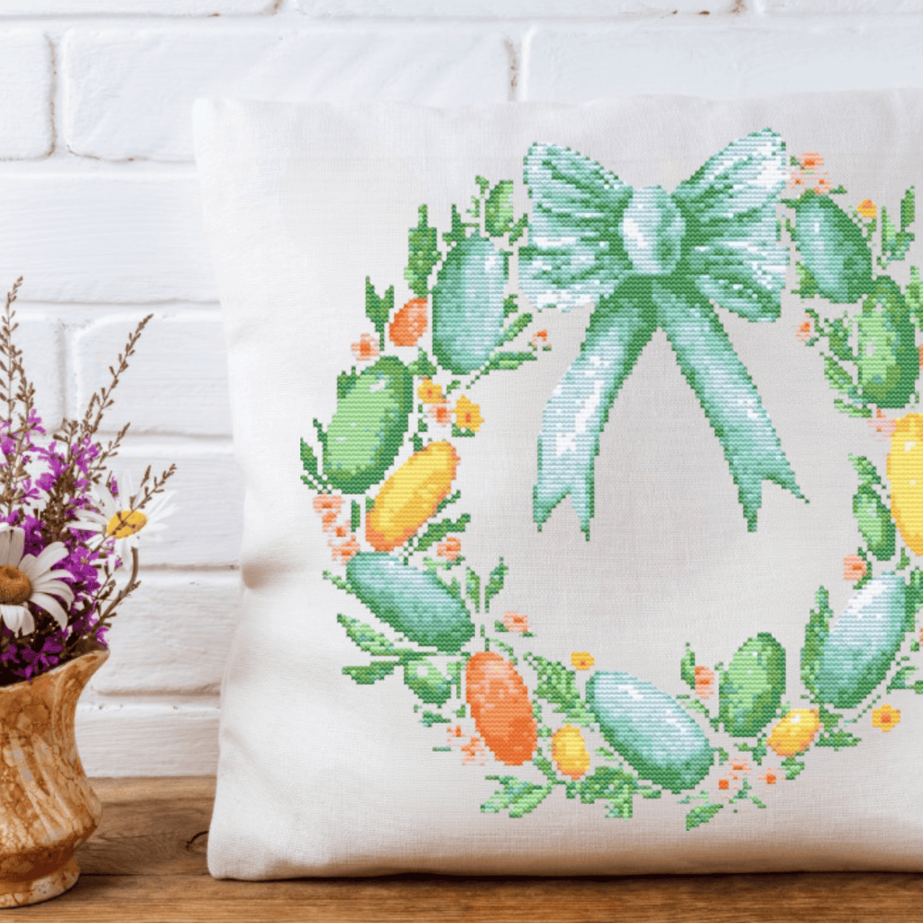 Teal Easter wreath cross-stitch pattern | Easter cross stitch charts | Modern and pretty cross stitch ideas