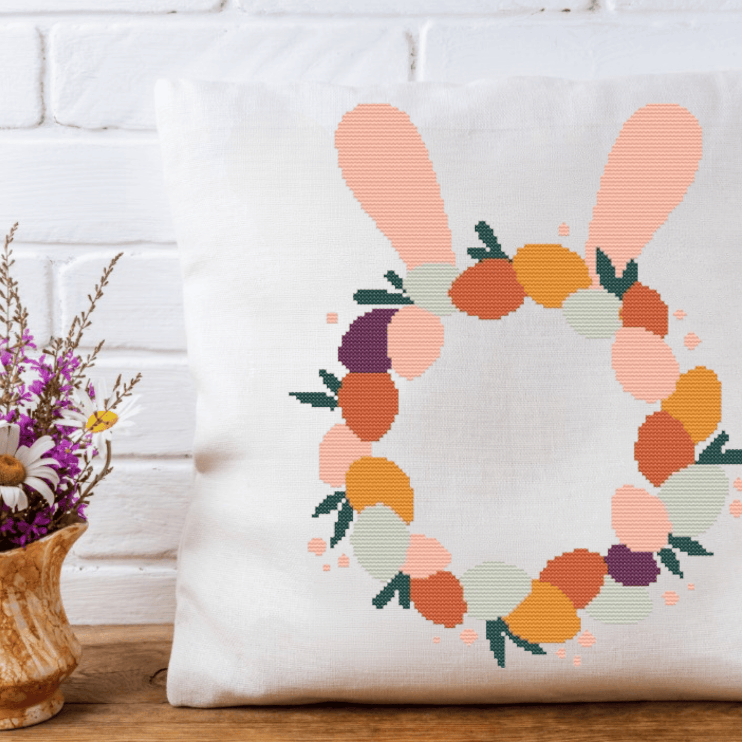 Easter wreath cross-stitch pattern with bunny ears | Easter cross stitch patterns | Modern and pretty cross stitch ideas