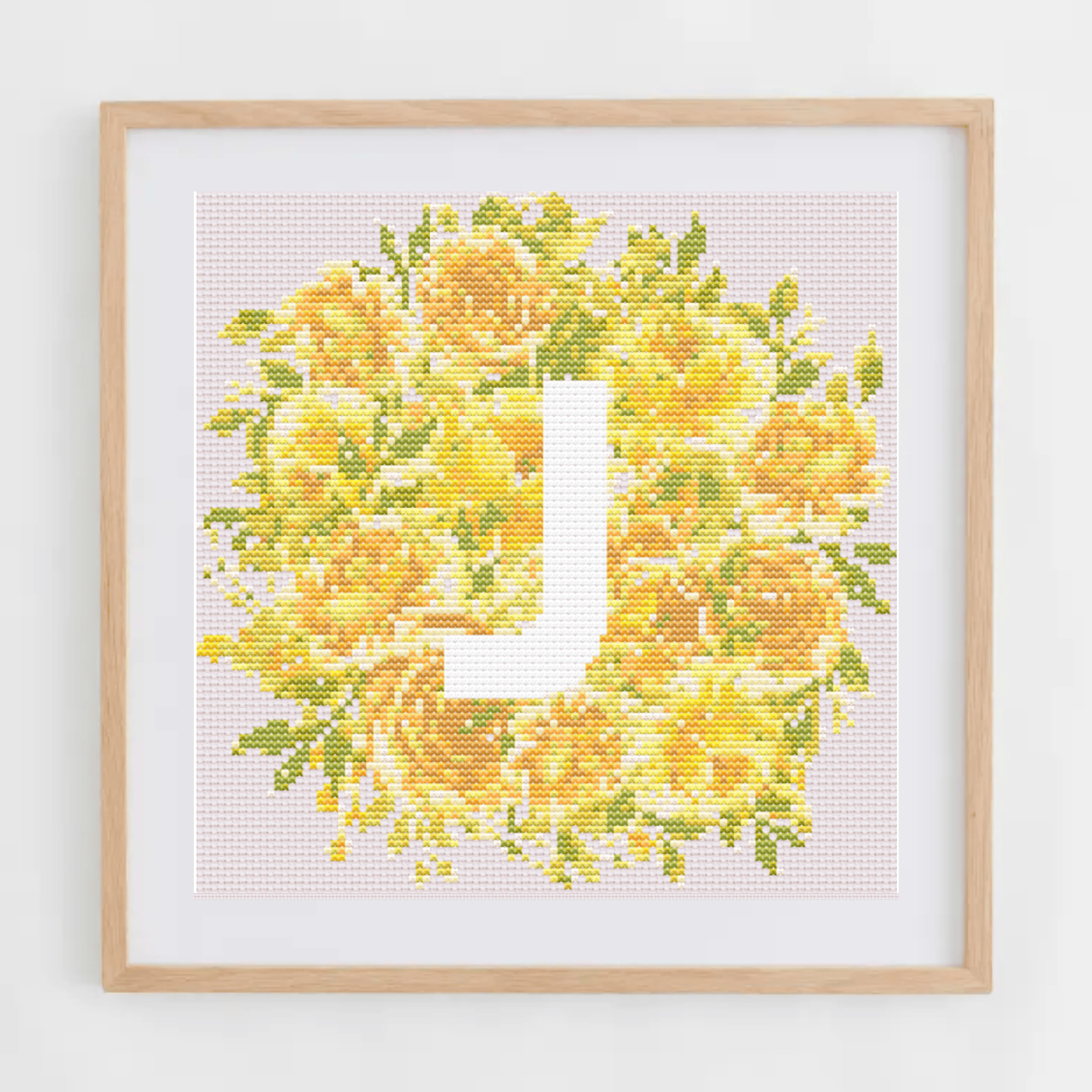 Initial Cross Stitch Pattern With Yellow Flowers in PDF | Floral & Modern Monogram Cross Stitch Chart To Download | Letters Cross Stitch PDF