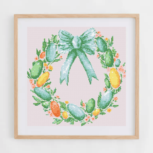 Teal Easter wreath cross-stitch pattern | Easter cross stitch charts | Modern and pretty cross stitch ideas