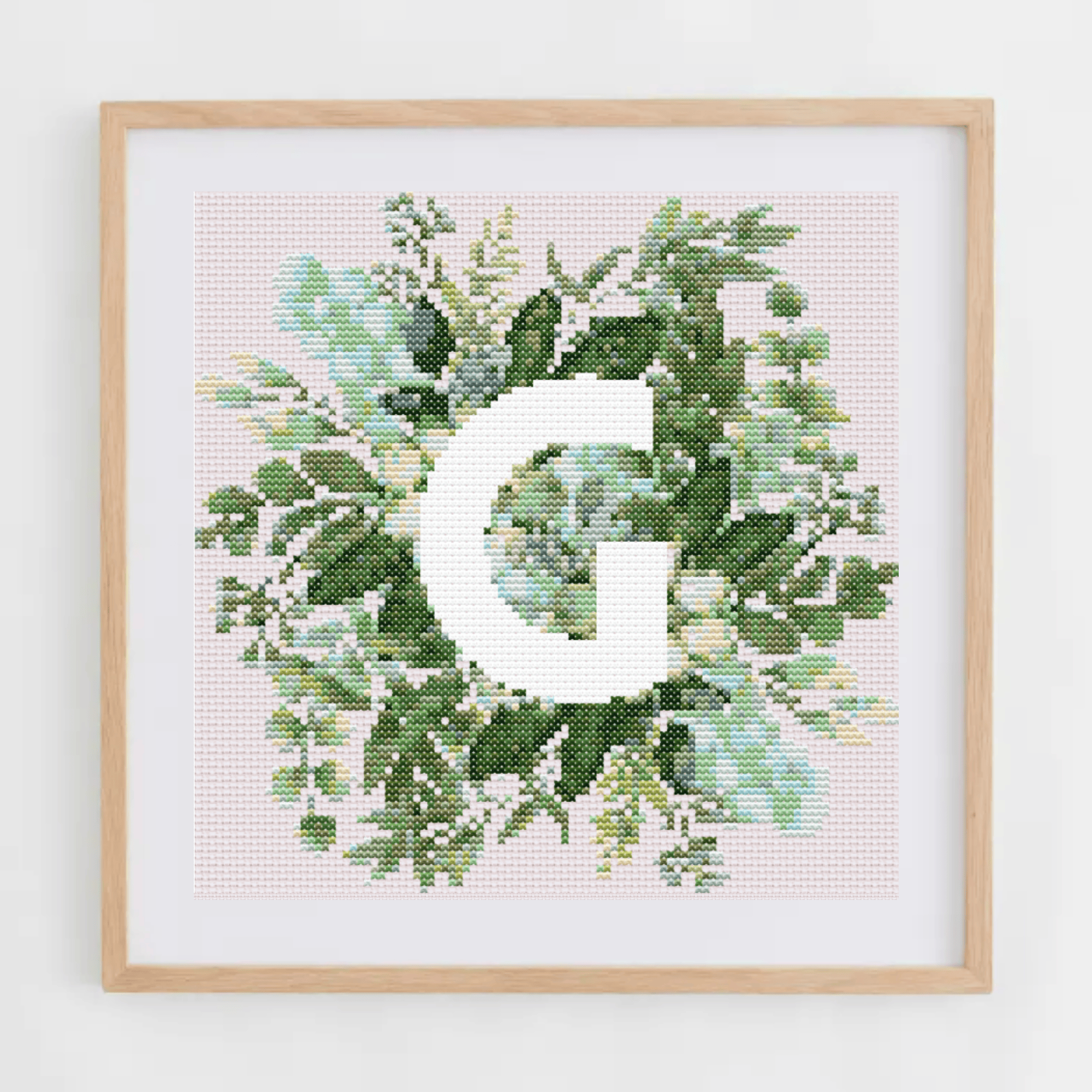 Monogram Cross-Stitch Pattern With Green Bouquet | Initial Cross Stitch Chart With Flowers and Leaves | Cross Stitch PDF