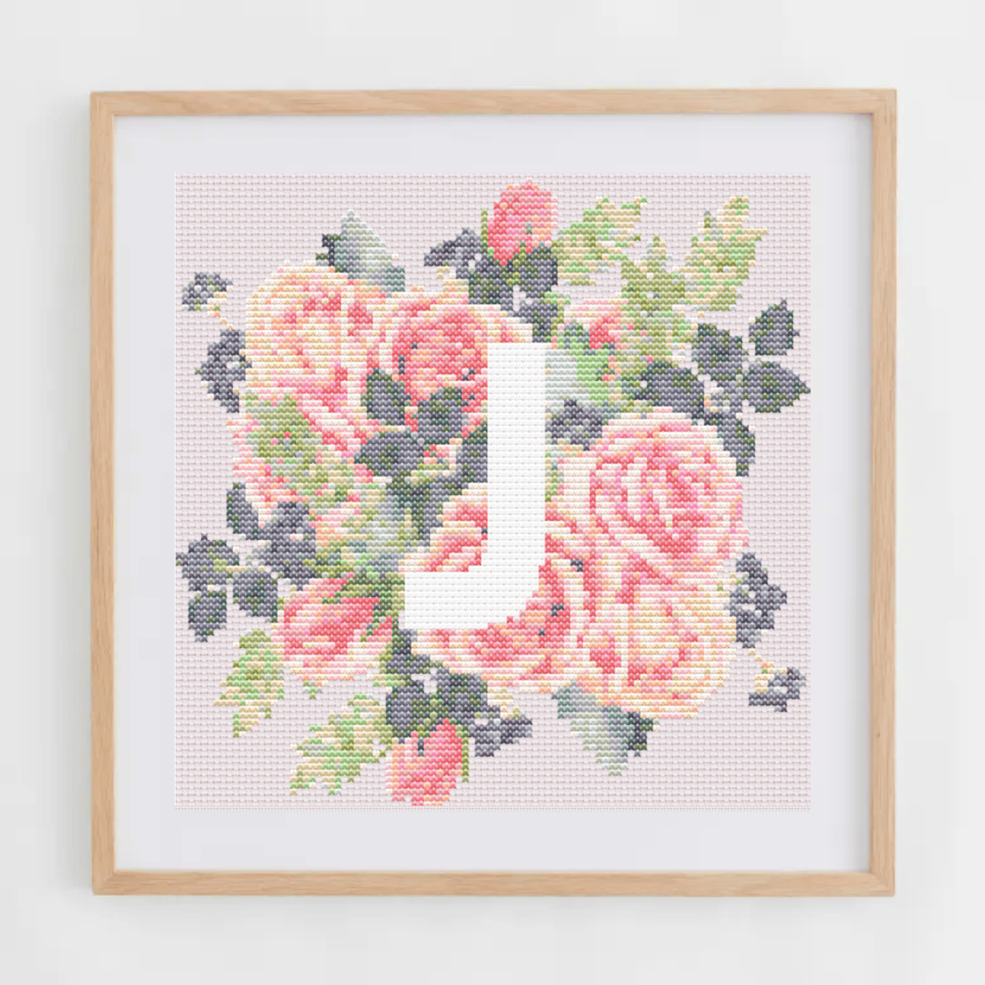 Monogram Cross-Stitch Pattern With Pink Roses | Initial Cross Stitch Chart PDF