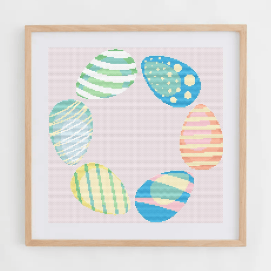 Easter wreath with blue eggs cross-stitch pattern | Easter cross stitch charts | Modern and pretty cross stitch ideas