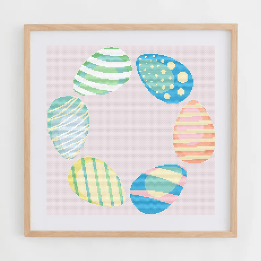 Easter wreath with blue eggs cross-stitch pattern | Easter cross stitch charts | Modern and pretty cross stitch ideas