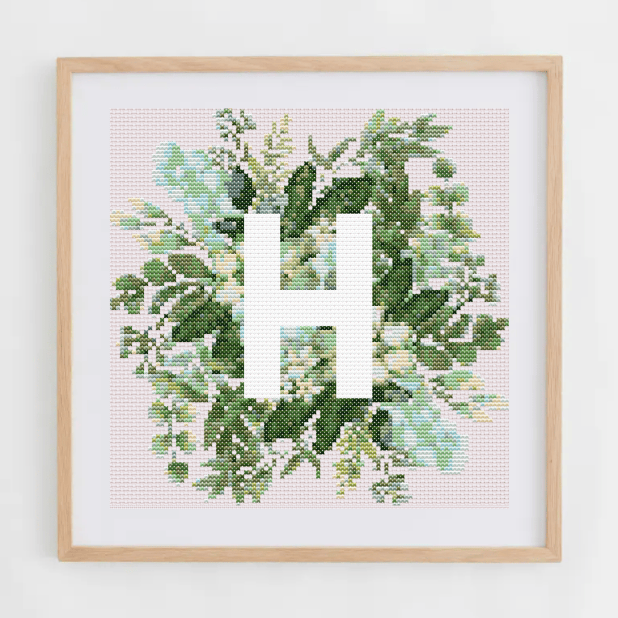 Monogram Cross-Stitch Pattern With Green Bouquet | Initial Cross Stitch Chart With Flowers and Leaves | Cross Stitch PDF