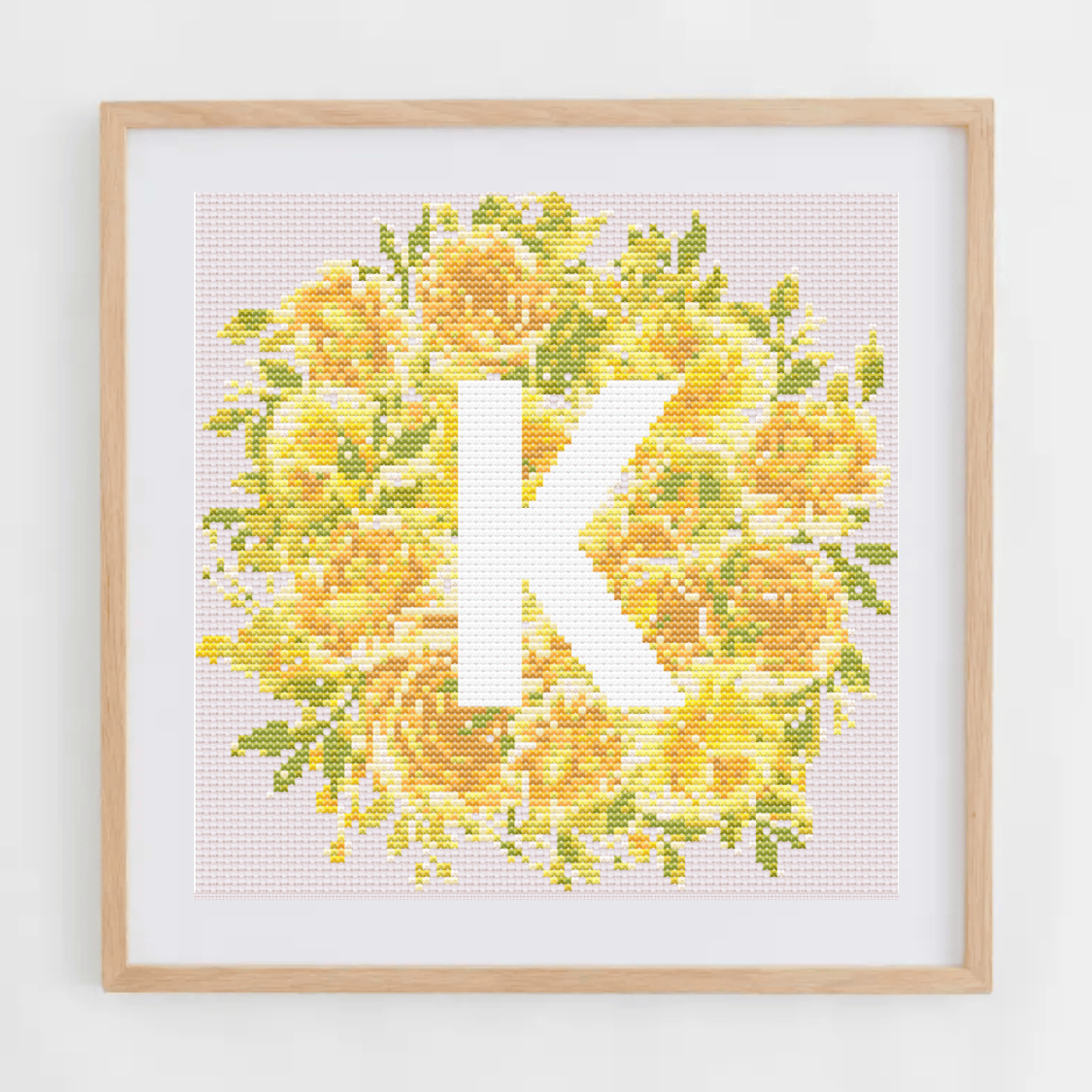 Initial Cross Stitch Pattern With Yellow Flowers in PDF | Floral & Modern Monogram Cross Stitch Chart To Download | Letters Cross Stitch PDF