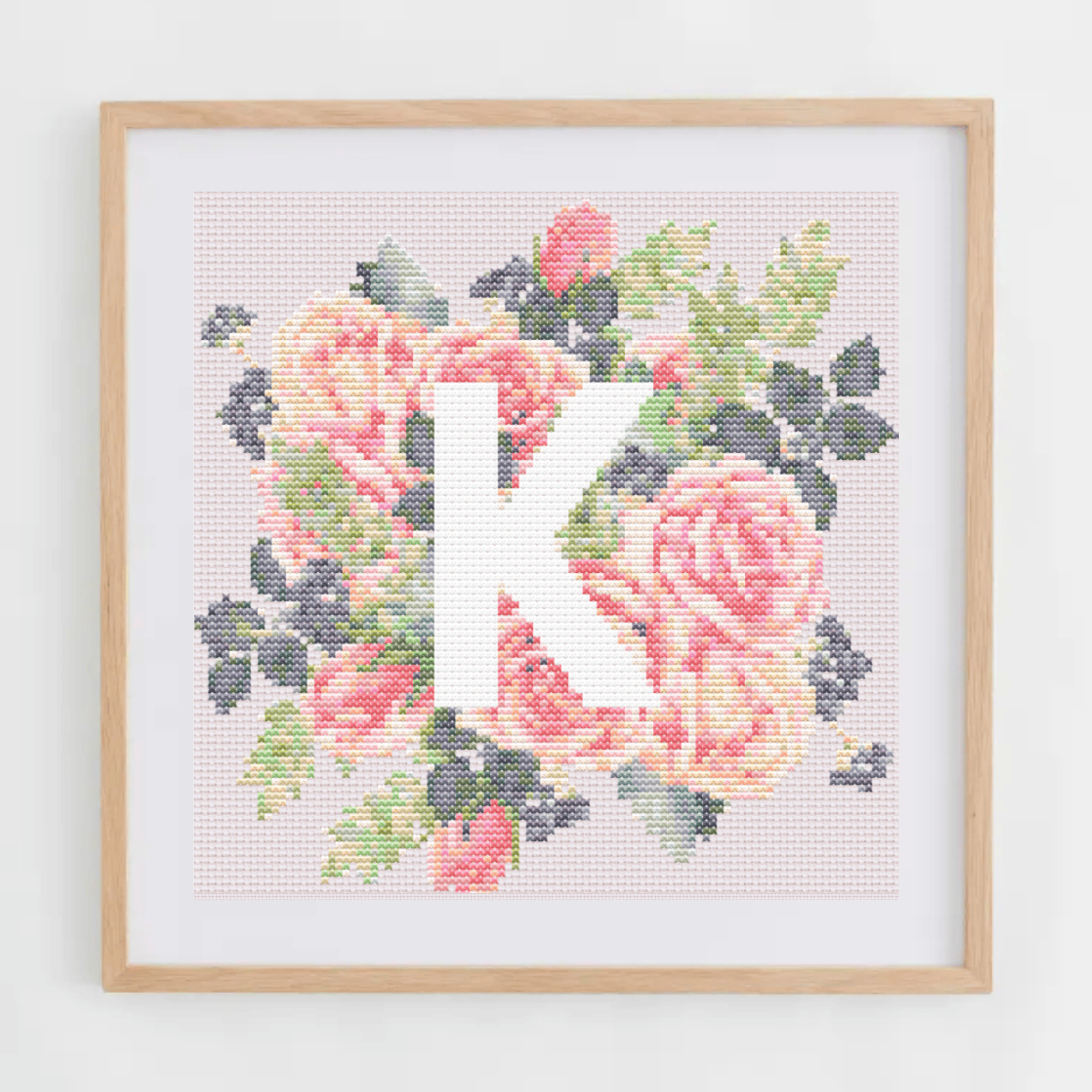 Monogram Cross-Stitch Pattern With Pink Roses | Initial Cross Stitch Chart PDF