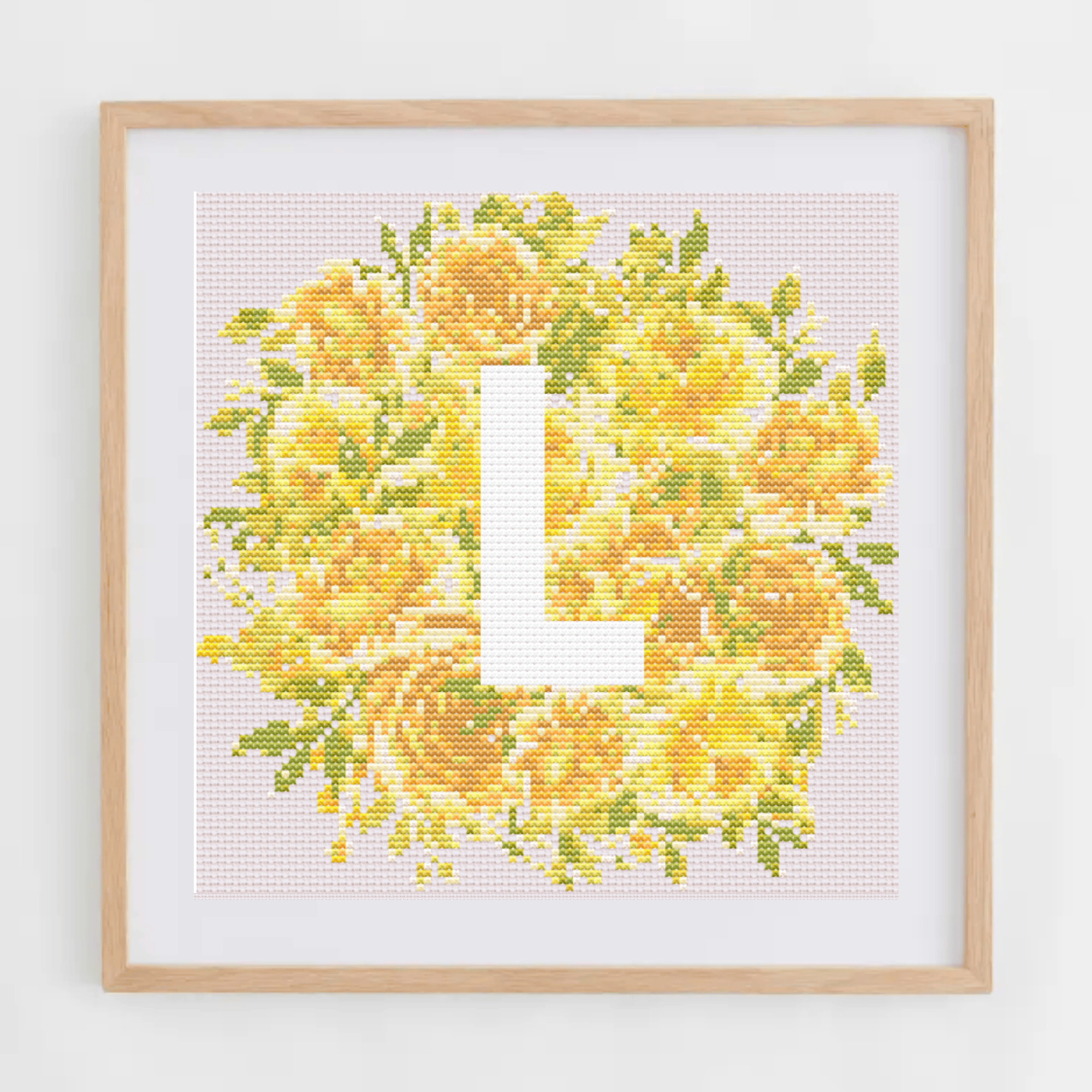 Initial Cross Stitch Pattern With Yellow Flowers in PDF | Floral & Modern Monogram Cross Stitch Chart To Download | Letters Cross Stitch PDF