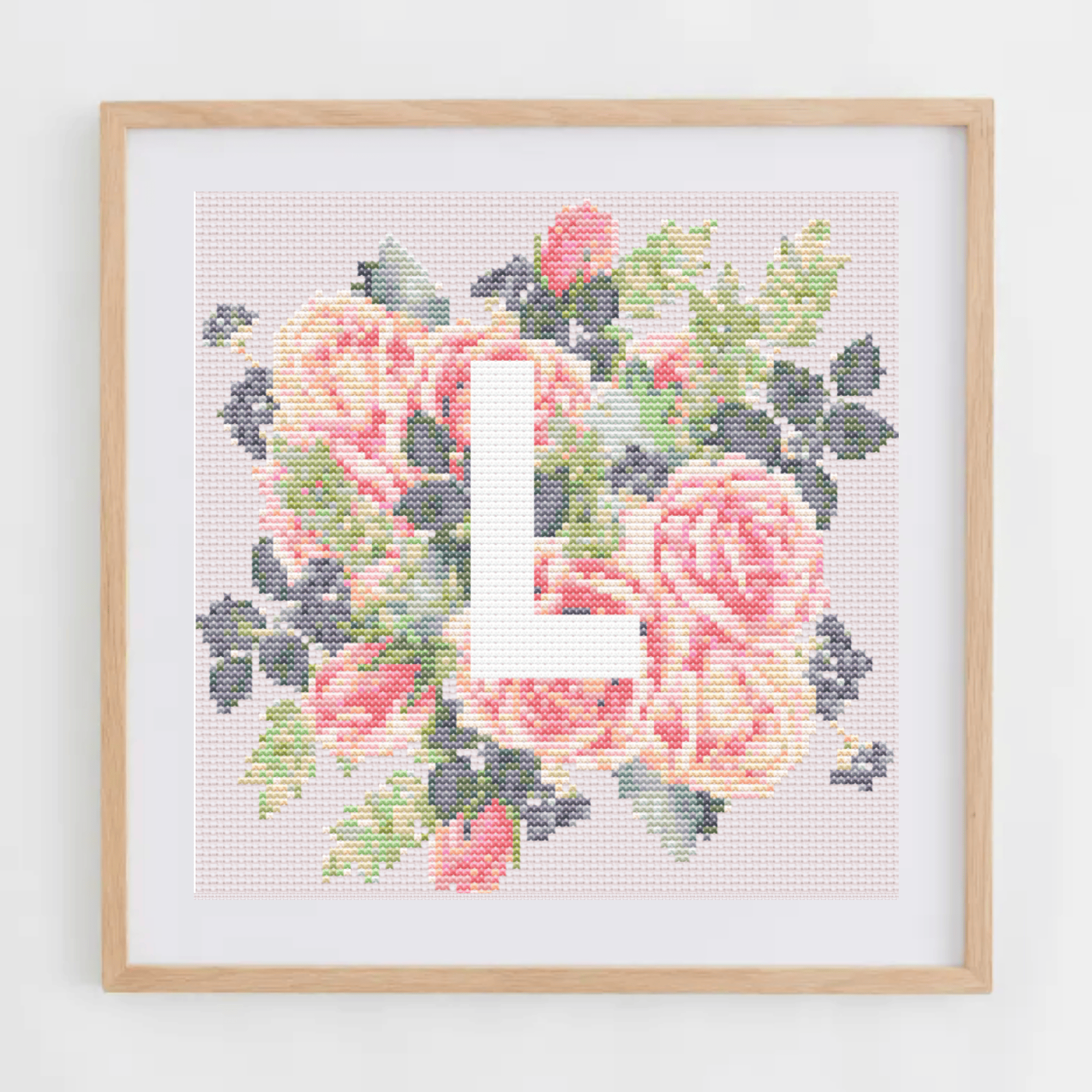 Monogram Cross-Stitch Pattern With Pink Roses | Initial Cross Stitch Chart PDF