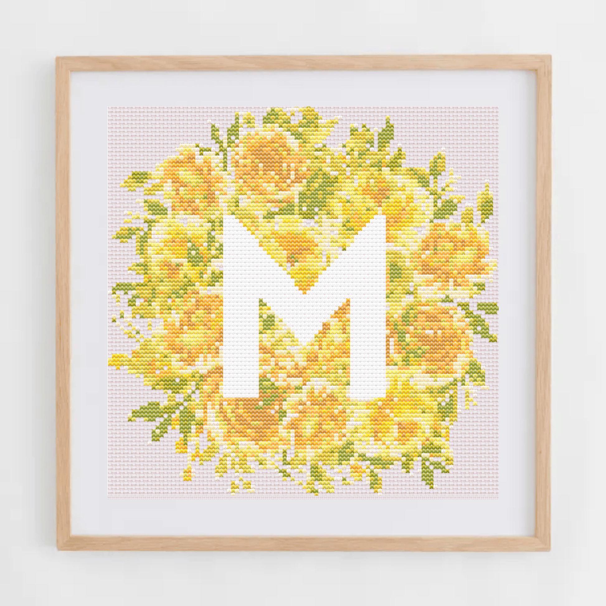 Initial Cross Stitch Pattern With Yellow Flowers in PDF | Floral & Modern Monogram Cross Stitch Chart To Download | Letters Cross Stitch PDF