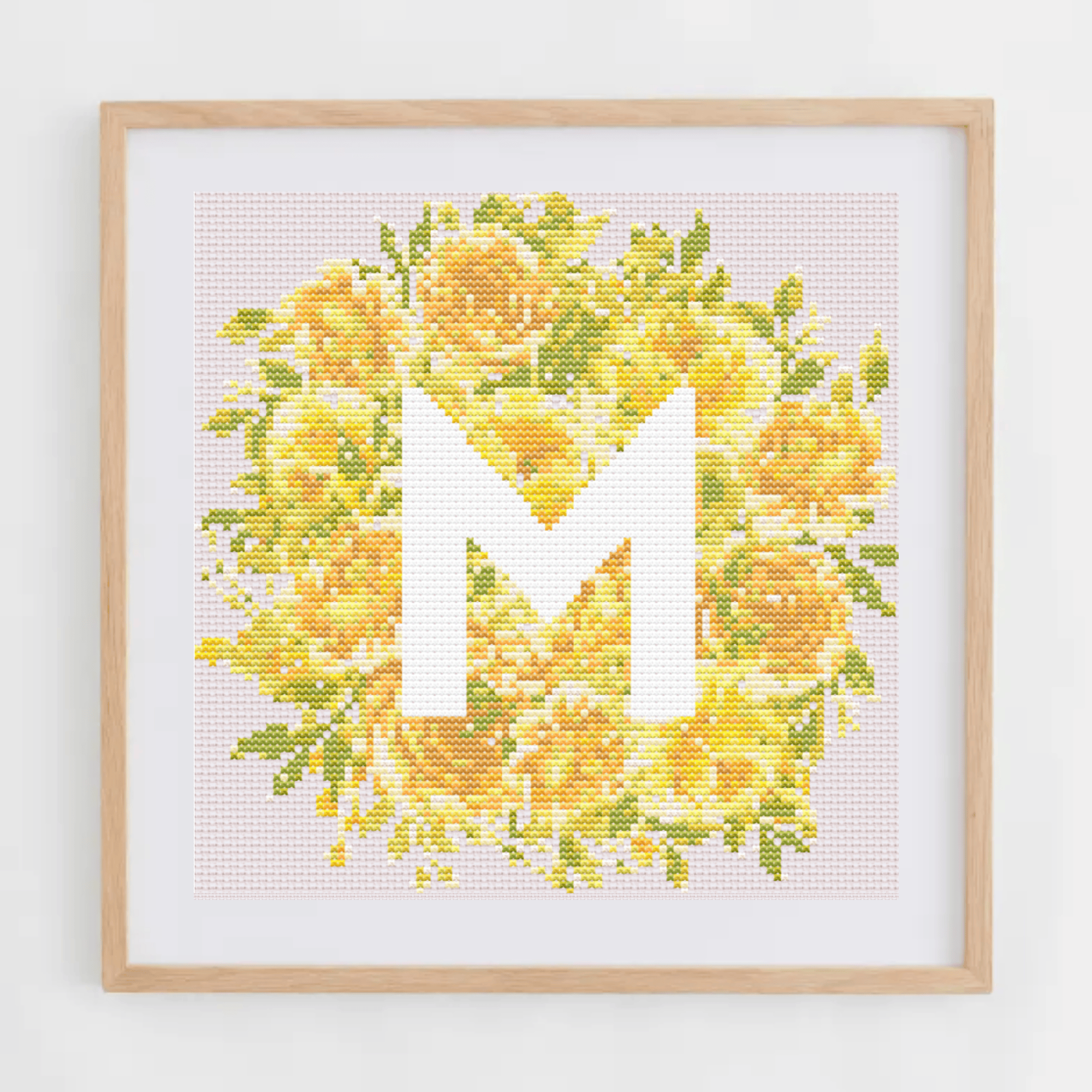 Initial Cross Stitch Pattern With Yellow Flowers in PDF | Floral & Modern Monogram Cross Stitch Chart To Download | Letters Cross Stitch PDF