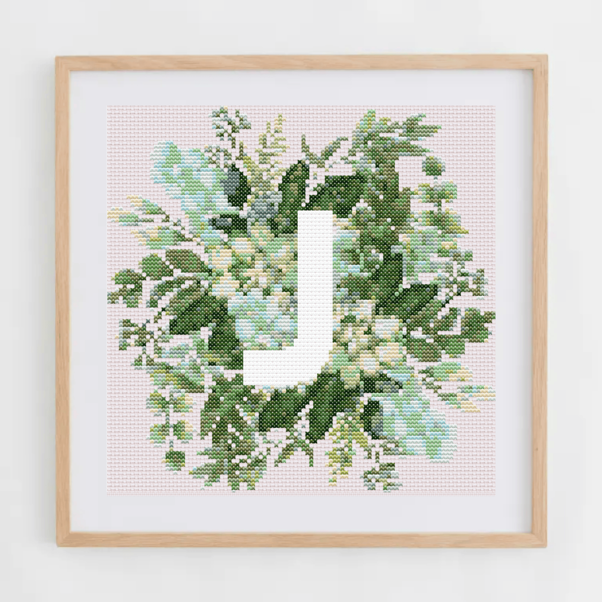 Monogram Cross-Stitch Pattern With Green Bouquet | Initial Cross Stitch Chart With Flowers and Leaves | Cross Stitch PDF